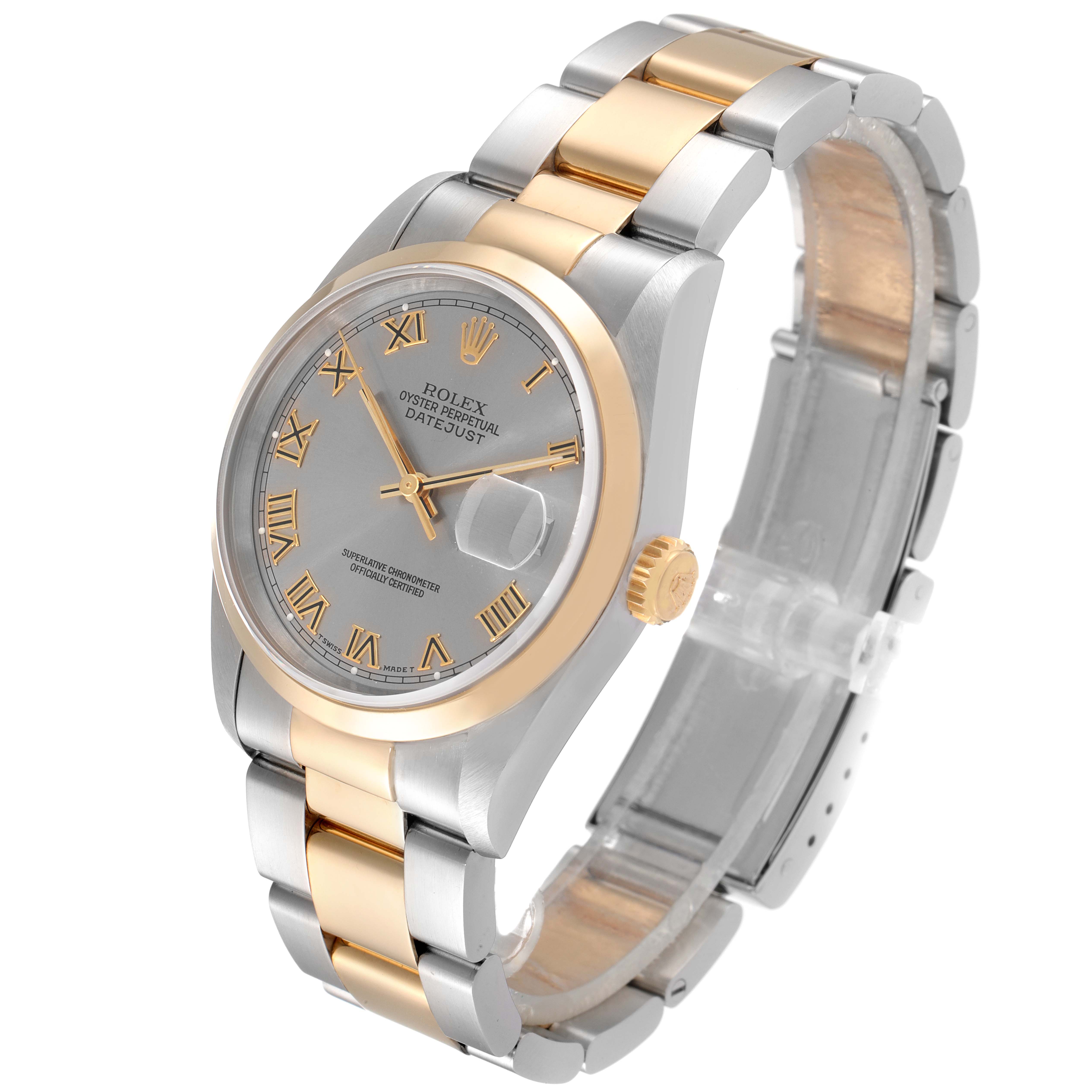 The image shows a side-angle view of a Rolex Datejust 16203 Men
s Steel and Gold (two tone) Grey Dial 16203 Men
s Steel and Gold (two tone) Grey Dial watch, displaying the dial, bezel, crown, and part of the bracelet.