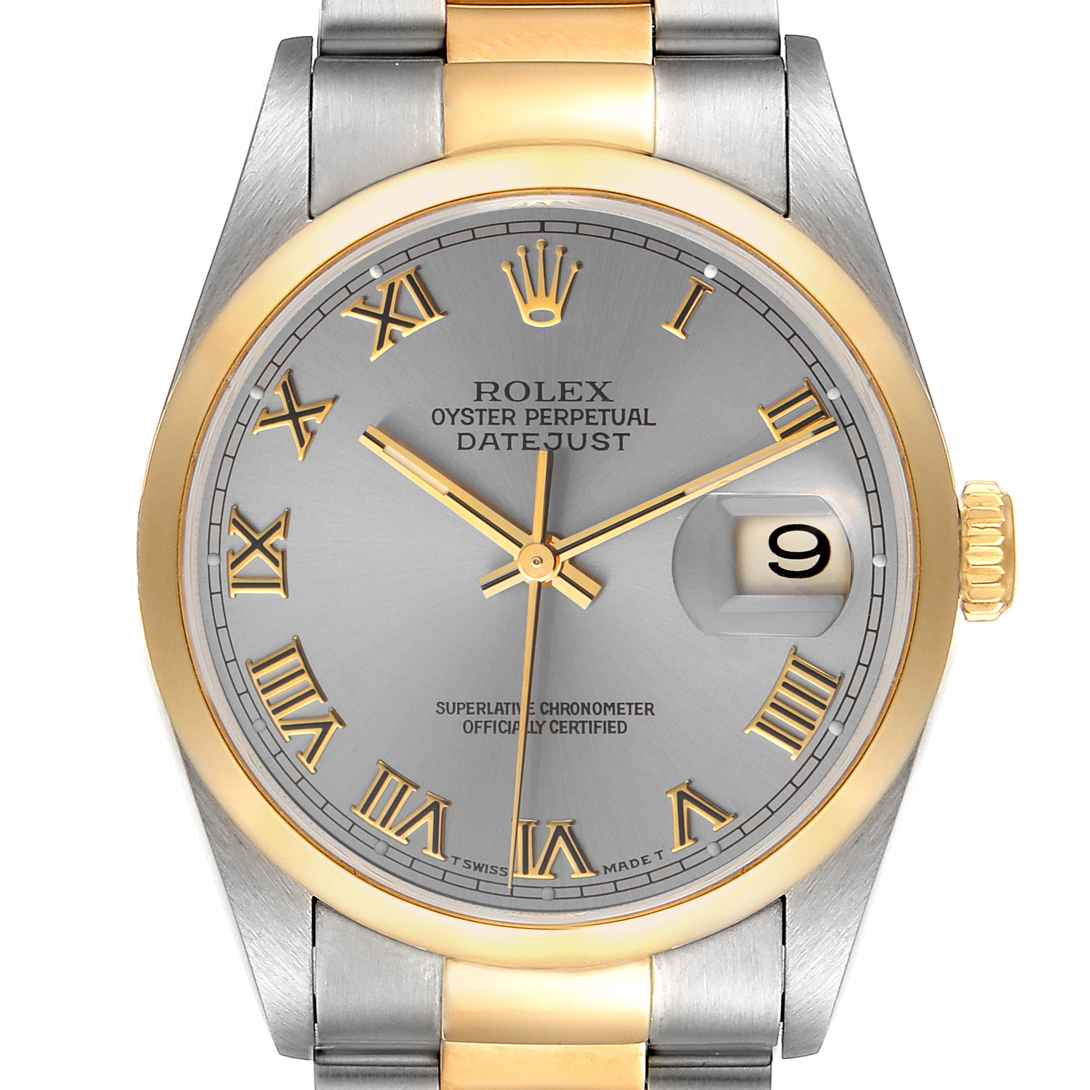 This image shows a front view of a Rolex Datejust 16203 Men
s Steel and Gold (two tone) Grey Dial 16203 Men
s Steel and Gold (two tone) Grey Dial watch featuring a silver dial, gold Roman numerals, and a two-tone bracelet.