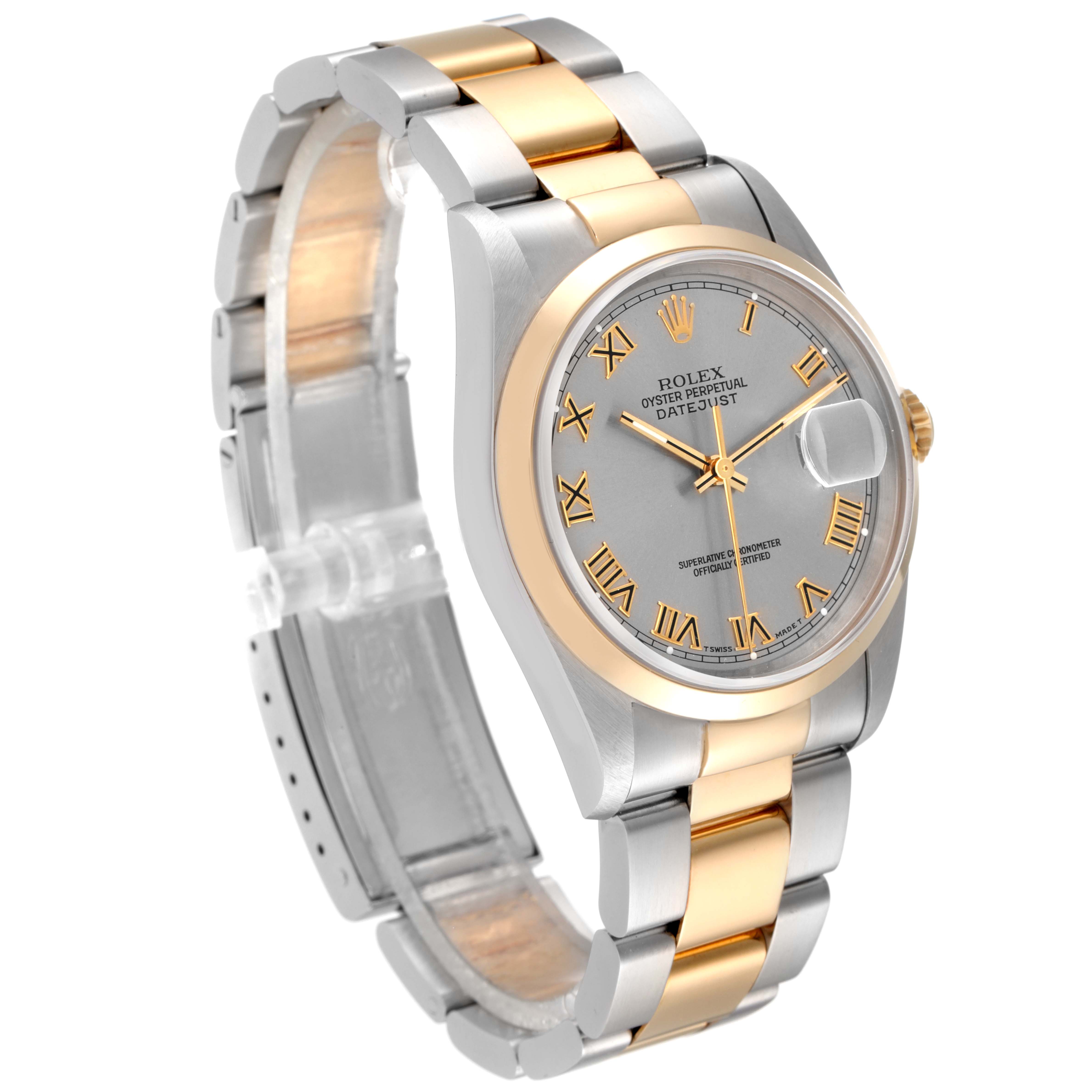 The Rolex Datejust 16203 Men
s Steel and Gold (two tone) Grey Dial 16203 Men
s Steel and Gold (two tone) Grey Dial watch is shown at a three-quarter angle, highlighting its dial, bezel, and two-tone bracelet.