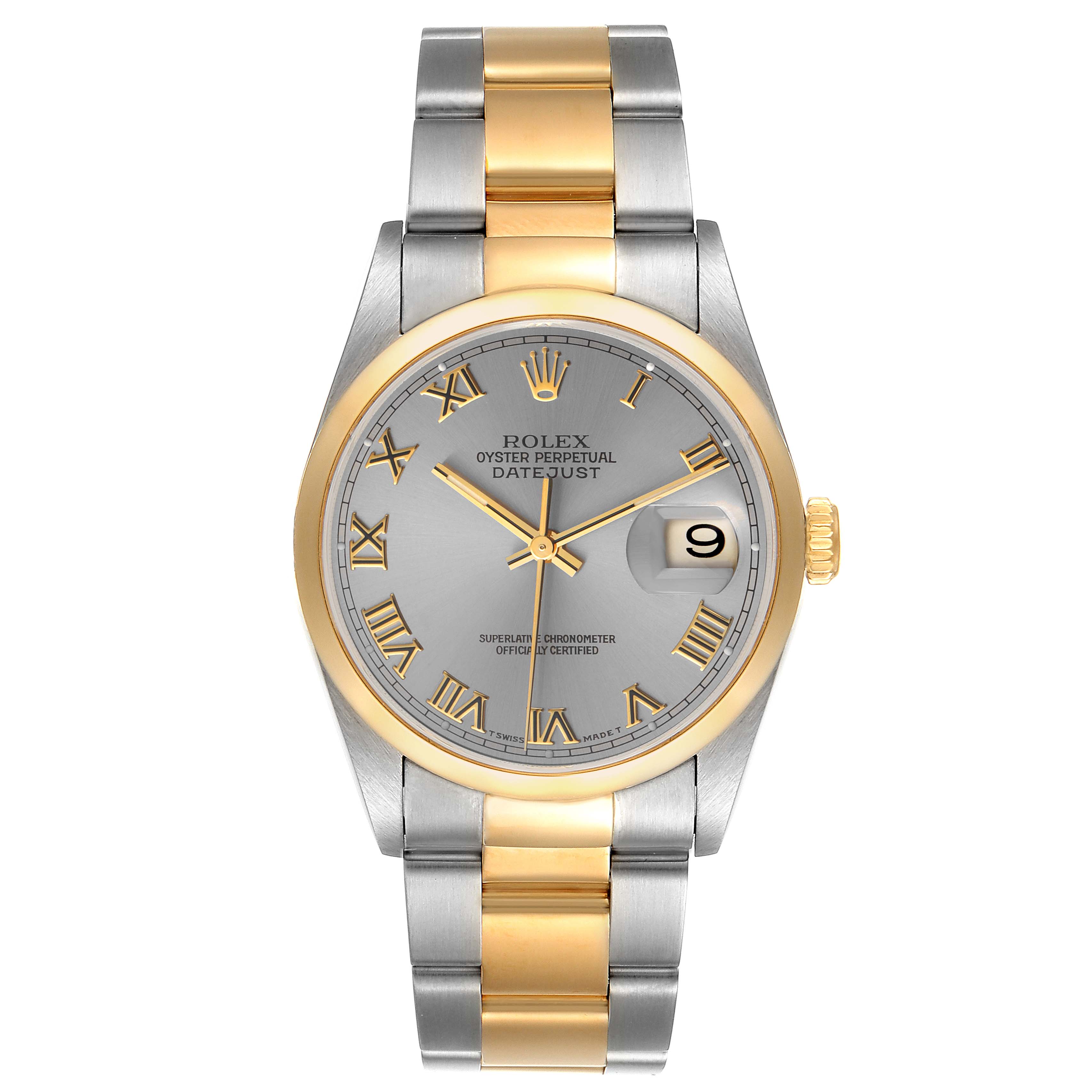 The image shows a front view of a Rolex Datejust 16203 Men
s Steel and Gold (two tone) Grey Dial 16203 Men
s Steel and Gold (two tone) Grey Dial watch with a two-tone bracelet and a grey dial with Roman numerals.