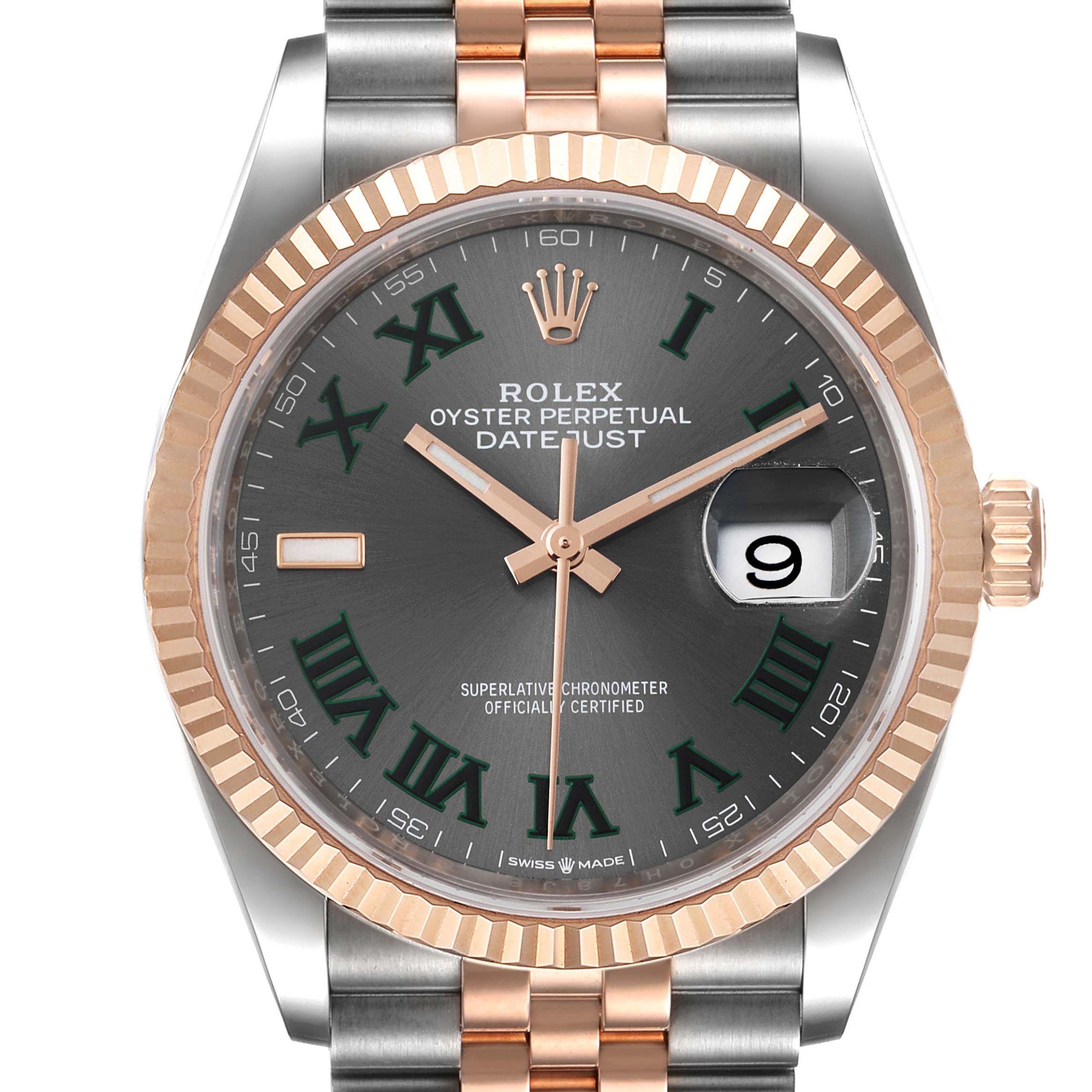 This image shows a close-up view of a Rolex Datejust 126231 Men's Steel and Gold (two tone) Grey Dial 126231 Men's Steel and Gold (two tone) Grey Dial watch, highlighting its face, bezel, and part of the bracelet.