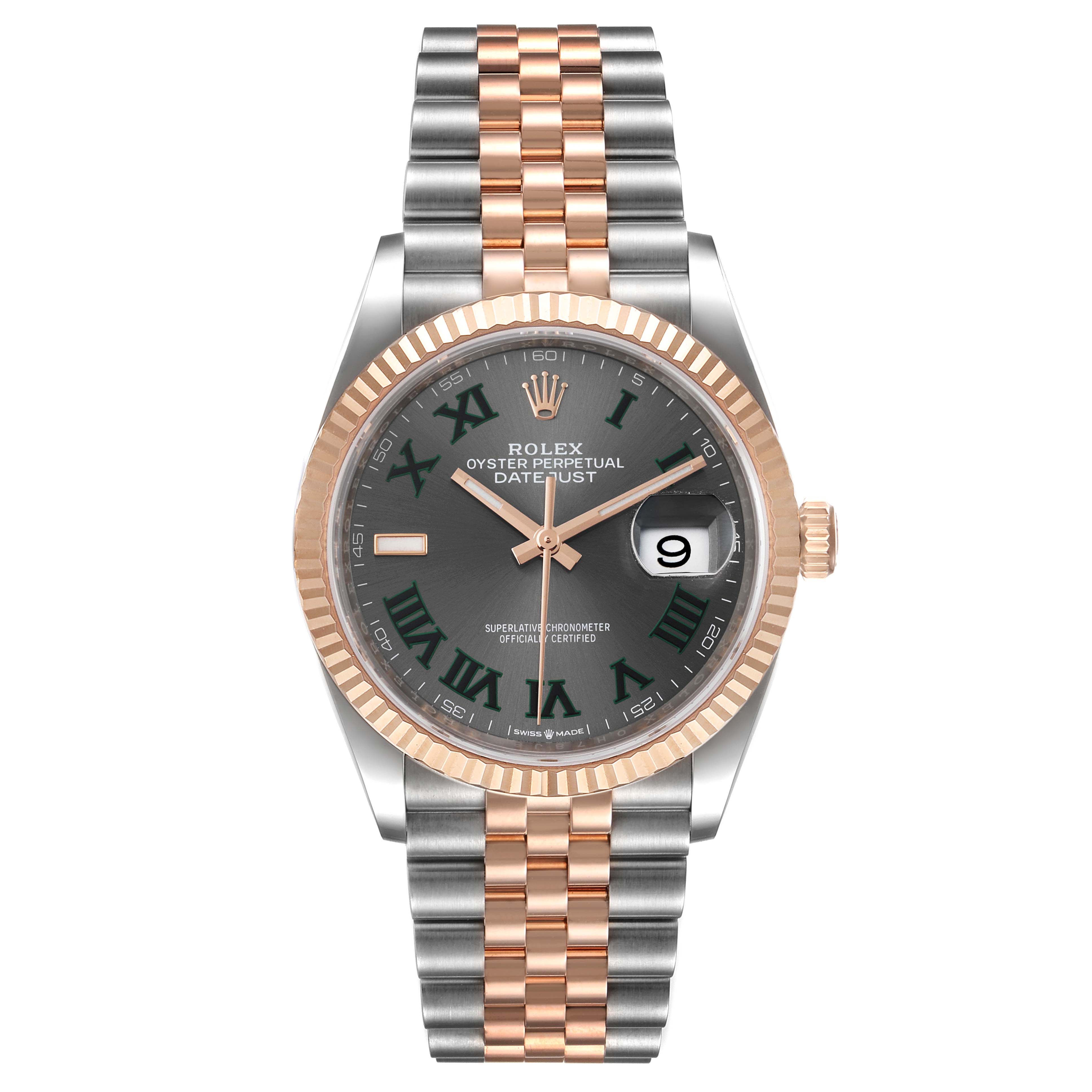The image shows a front view of the Rolex Datejust 126231 Men's Steel and Gold (two tone) Grey Dial 126231 Men's Steel and Gold (two tone) Grey Dial watch, featuring a two-tone bracelet and a date window.