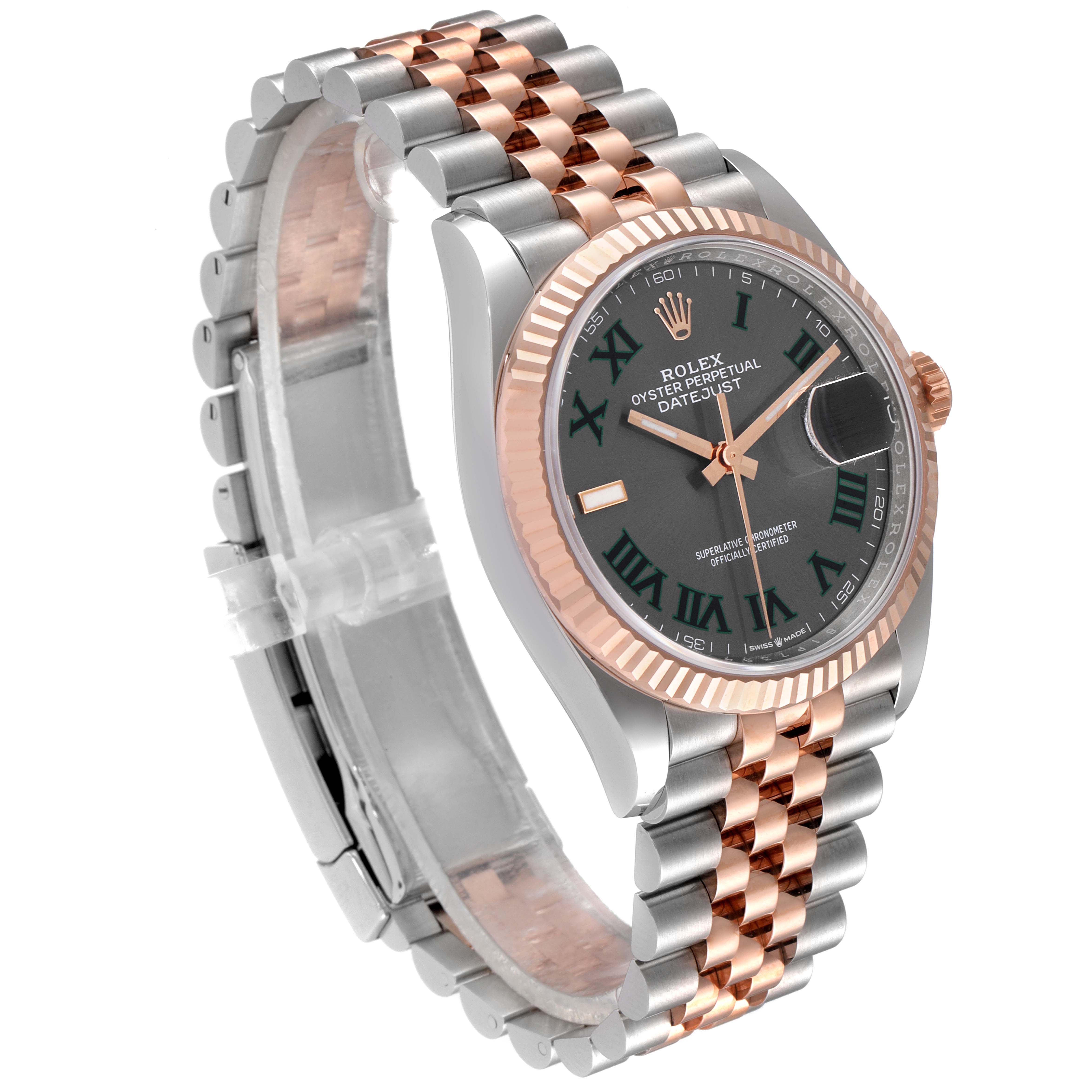 The image shows a Rolex Datejust 126231 Men
s Steel and Gold (two tone) Grey Dial 126231 Men
s Steel and Gold (two tone) Grey Dial watch at an angled view, displaying its face, bezel, case, and bracelet.