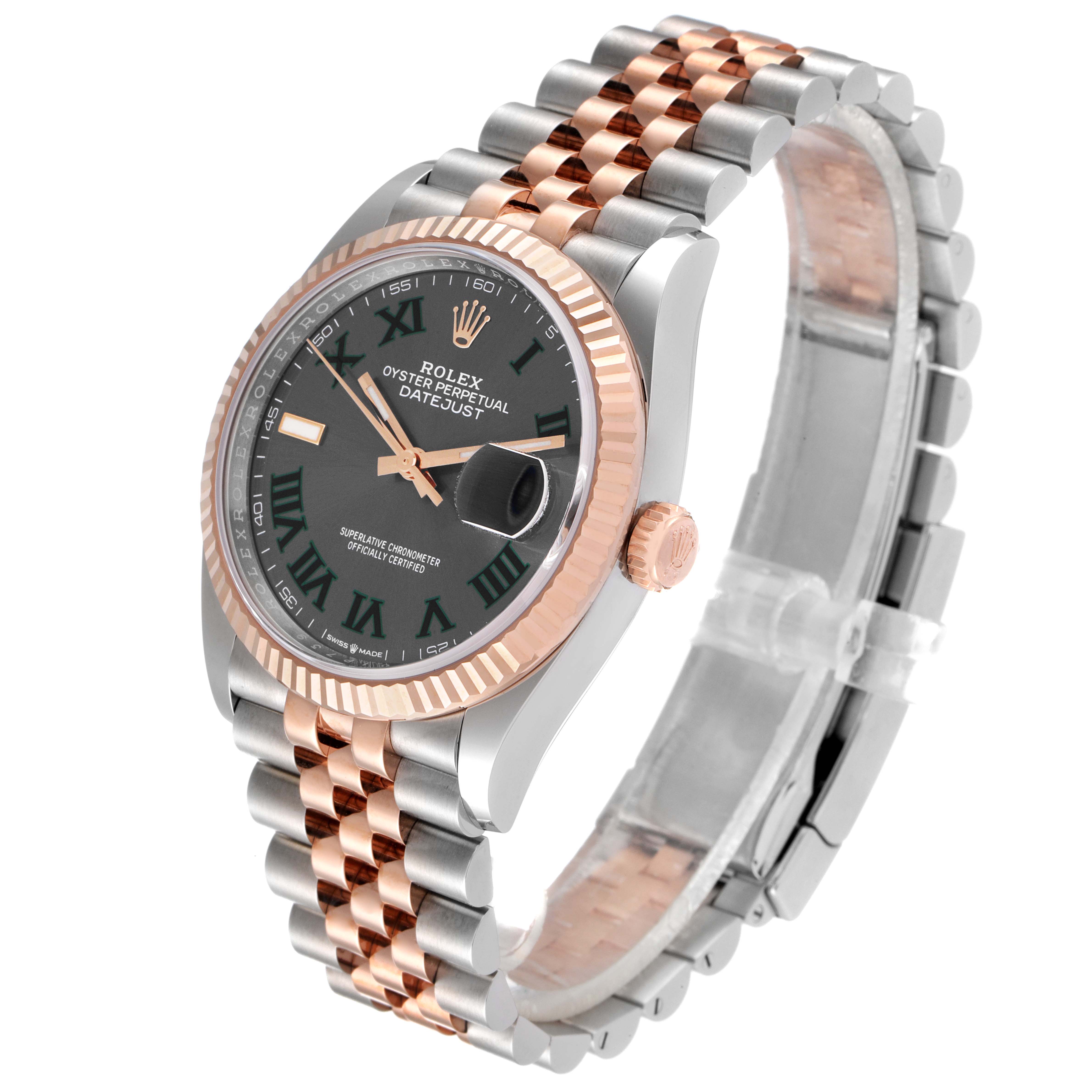 This image shows a Rolex Datejust 126231 Men
s Steel and Gold (two tone) Grey Dial 126231 Men
s Steel and Gold (two tone) Grey Dial watch at an oblique angle, highlighting the face, bezel, crown, and two-tone bracelet.