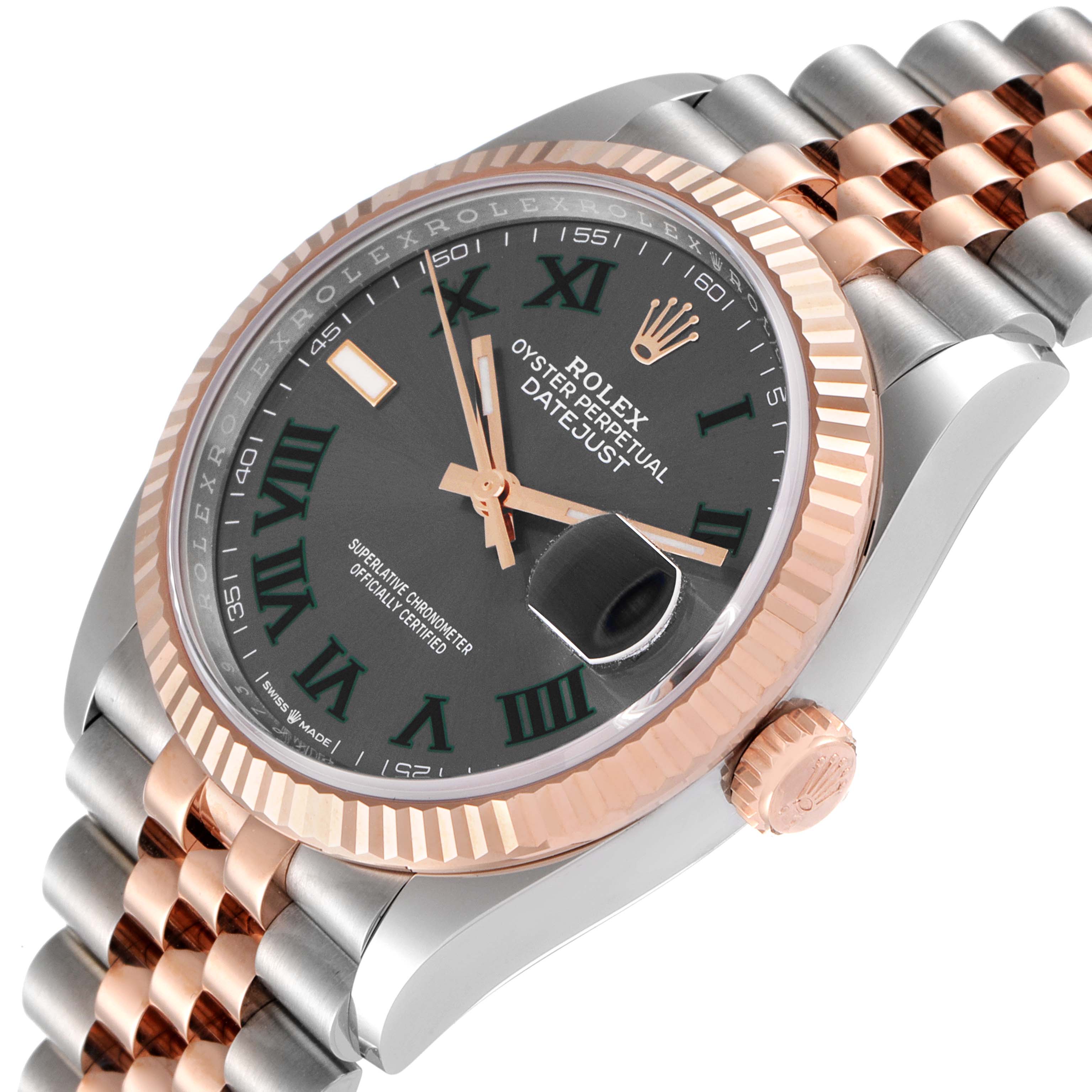 This image shows a close-up angled view of a Rolex Datejust 126231 Men
s Steel and Gold (two tone) Grey Dial 126231 Men
s Steel and Gold (two tone) Grey Dial watch, including its dial, bezel, crown, and part of the bracelet.