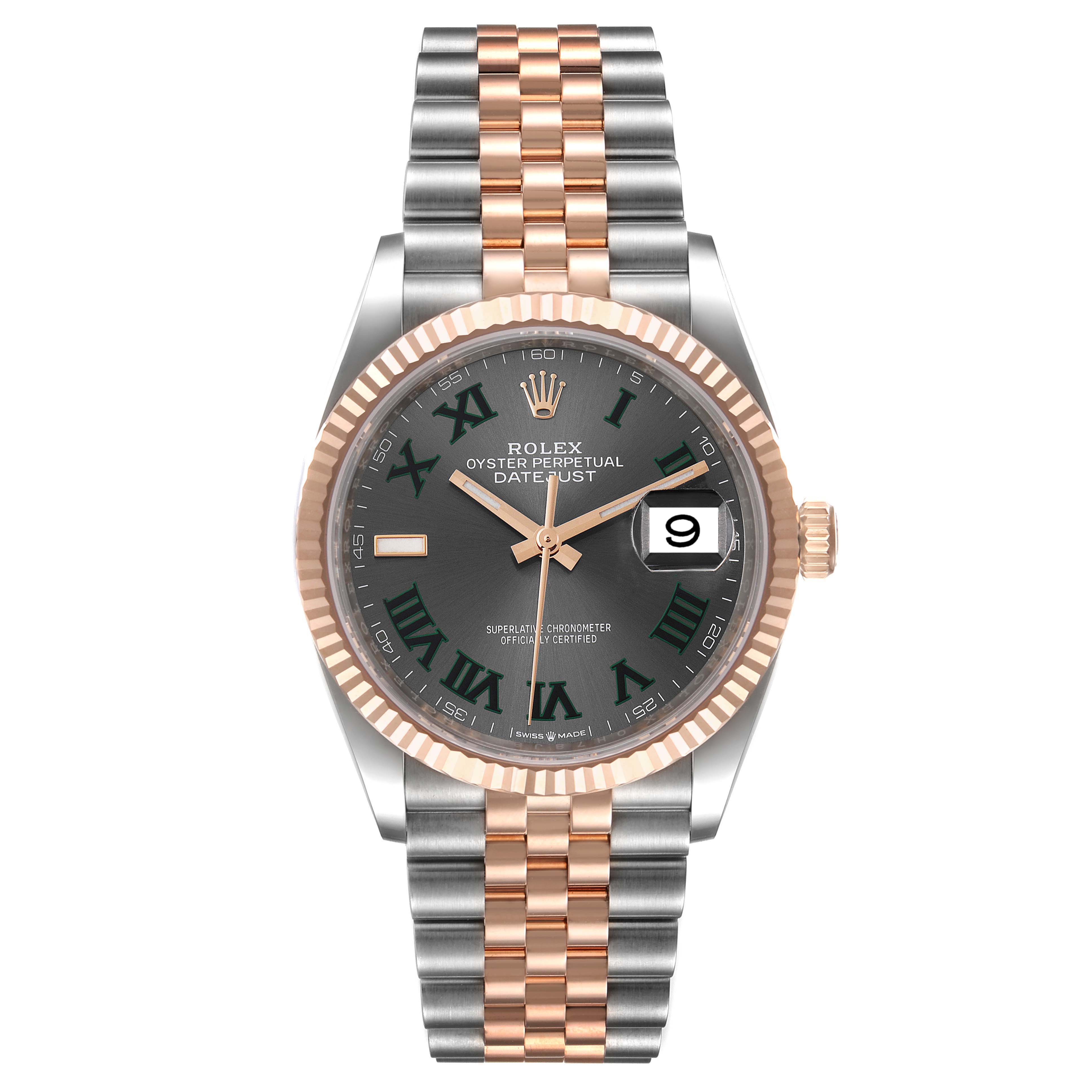 This Rolex Datejust 126231 Men
s Steel and Gold (two tone) Grey Dial 126231 Men
s Steel and Gold (two tone) Grey Dial watch is shown from the front, displaying its two-tone bracelet, fluted bezel, and date window.