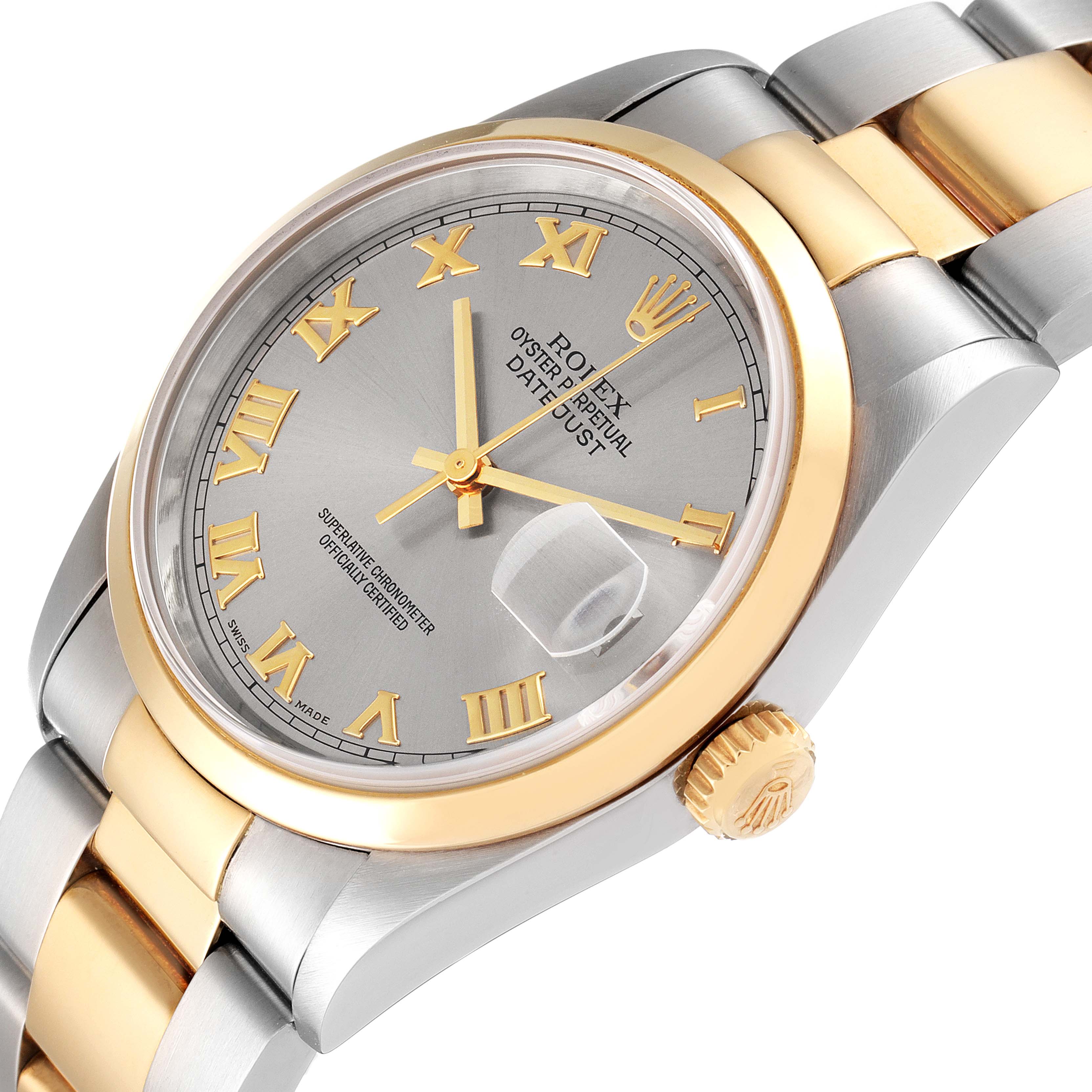 This Rolex Datejust 16203 Men's Steel and Gold (two tone) Grey Dial 16203 Men's Steel and Gold (two tone) Grey Dial watch is shown at an angled close-up, highlighting the dial, bezel, crown, and part of the bracelet.