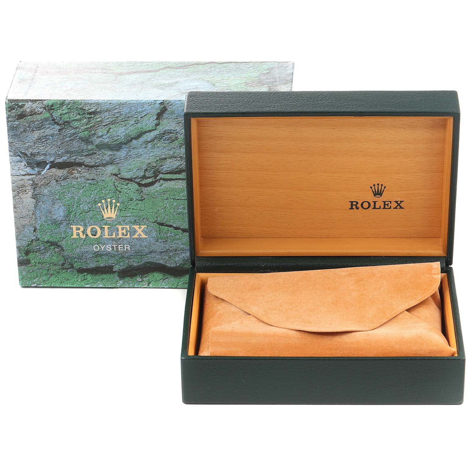 The image shows the open box and protective pouch for a Rolex Datejust 16203 Men's Steel and Gold (two tone) Grey Dial 16203 Men's Steel and Gold (two tone) Grey Dial watch, displaying the packaging and logo.