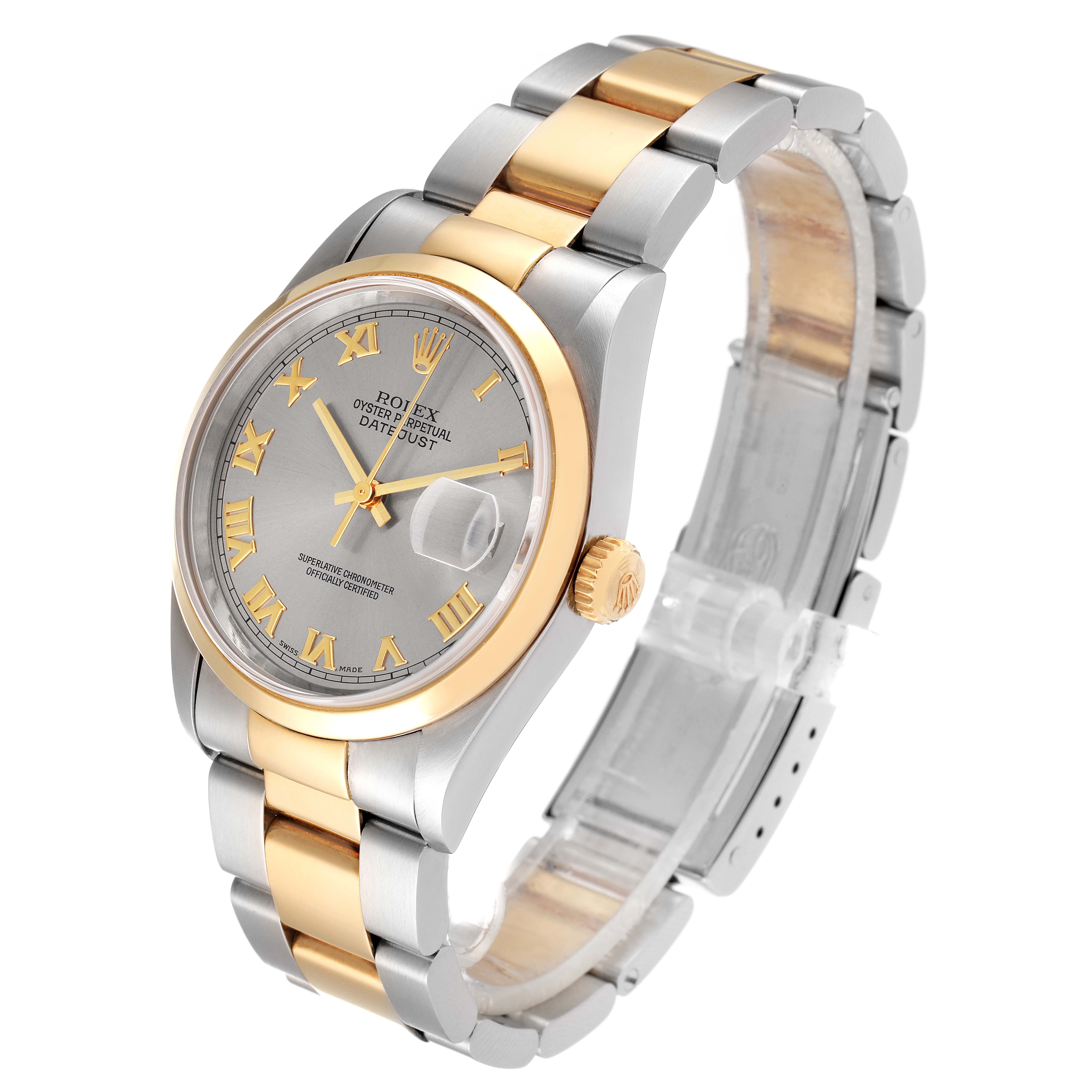 The image shows a Rolex Datejust 16203 Men's Steel and Gold (two tone) Grey Dial 16203 Men's Steel and Gold (two tone) Grey Dial watch, angled to display the face, bezel, and part of the bracelet.