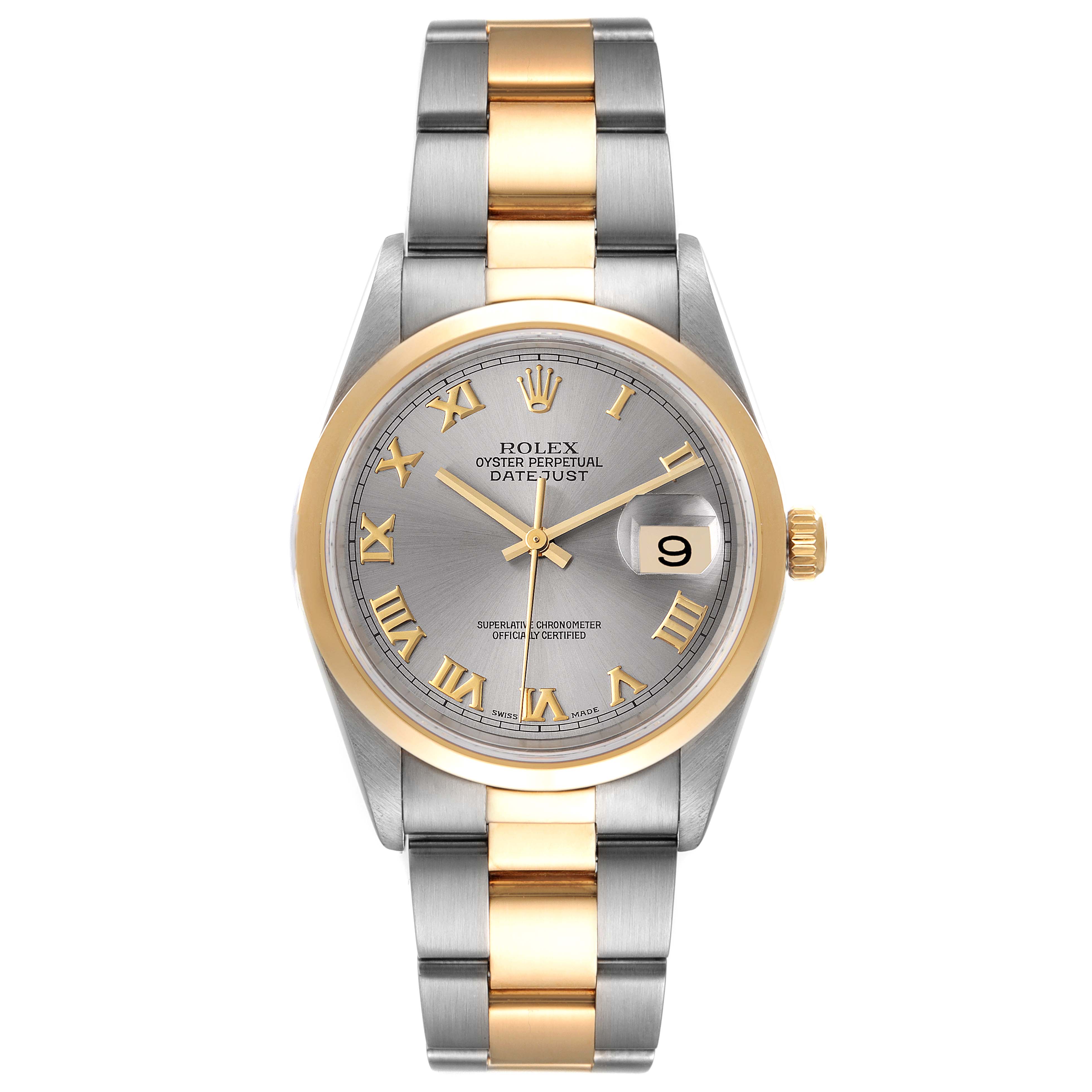 The image shows a Rolex Datejust 16203 Men's Steel and Gold (two tone) Grey Dial 16203 Men's Steel and Gold (two tone) Grey Dial watch from the front, highlighting the dial, bezel, and two-tone bracelet.