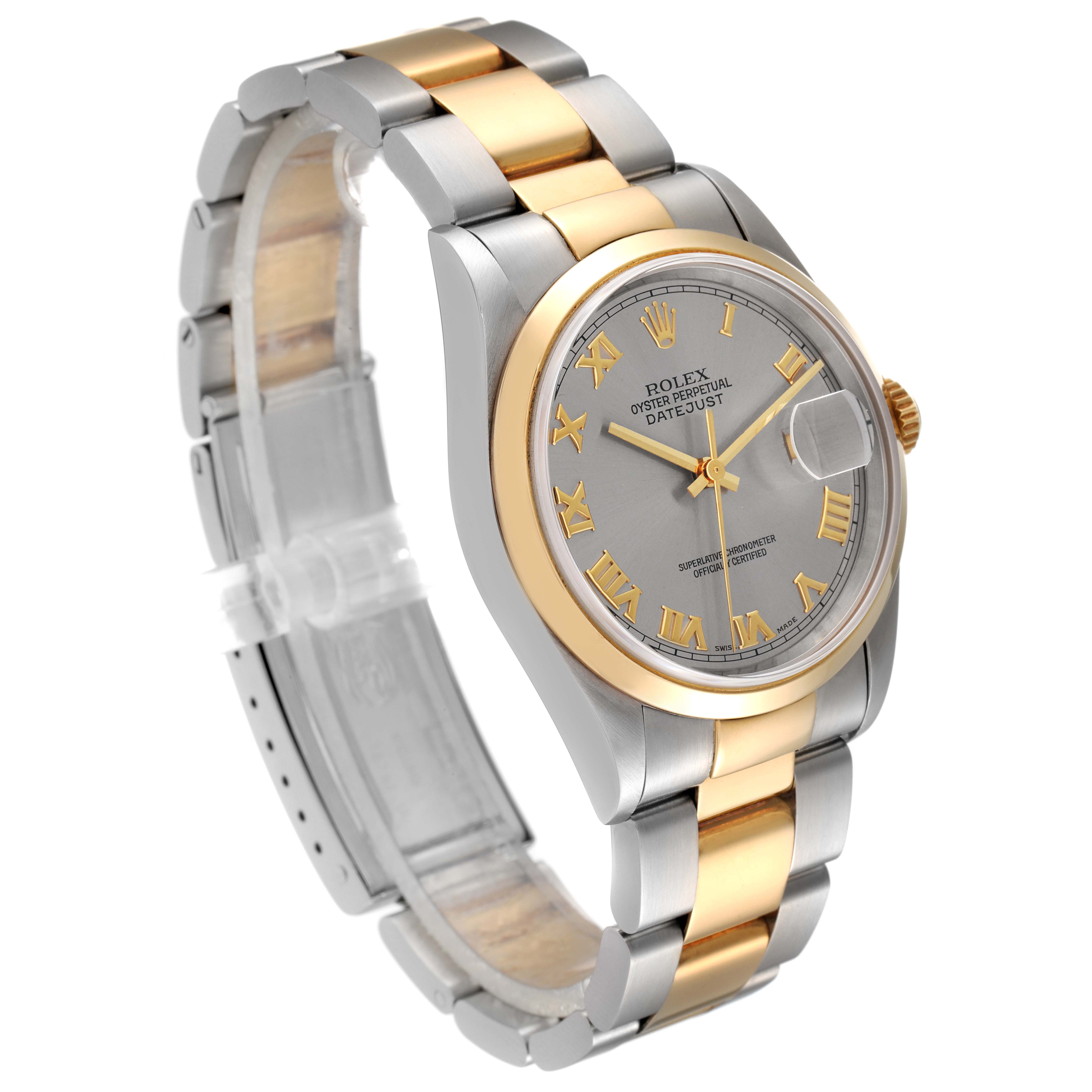 The Rolex Datejust 16203 Men's Steel and Gold (two tone) Grey Dial 16203 Men's Steel and Gold (two tone) Grey Dial watch is shown at a three-quarter angle, displaying the dial, bezel, and bracelet.