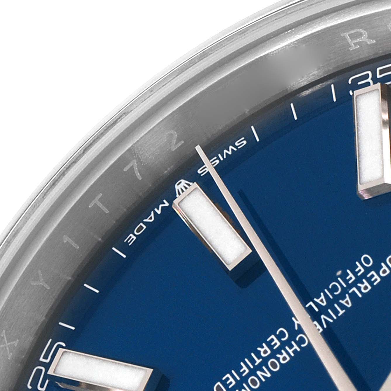 A close-up angle shows the dial, markers, and a portion of the bezel of the Rolex Datejust 41 126300 Men
s Stainless Steel Blue Dial 126300 Men
s Stainless Steel Blue Dial watch.