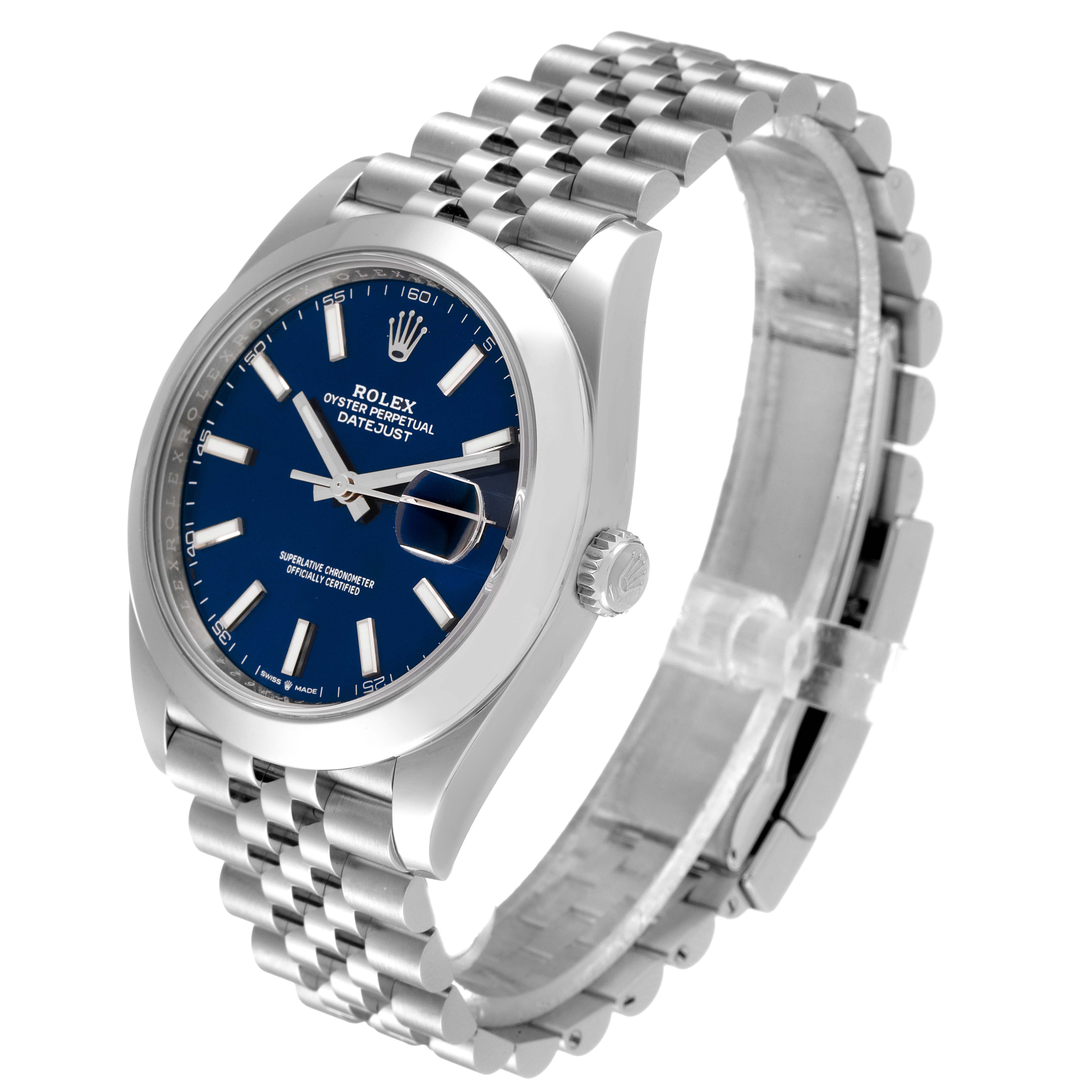 The Rolex Datejust 41 126300 Men
s Stainless Steel Blue Dial 126300 Men
s Stainless Steel Blue Dial model is shown in a slightly tilted angle, highlighting its blue dial, jubilee bracelet, and crown.