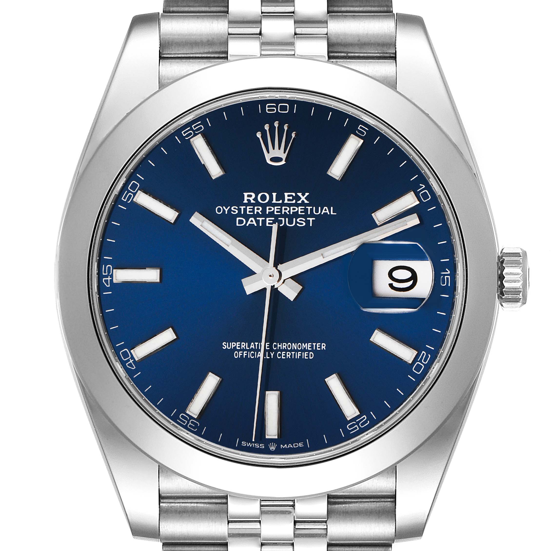 The image shows a frontal view of the Rolex Datejust 41 126300 Men
s Stainless Steel Blue Dial 126300 Men
s Stainless Steel Blue Dial watch, highlighting its blue dial, date window, and stainless steel bracelet.