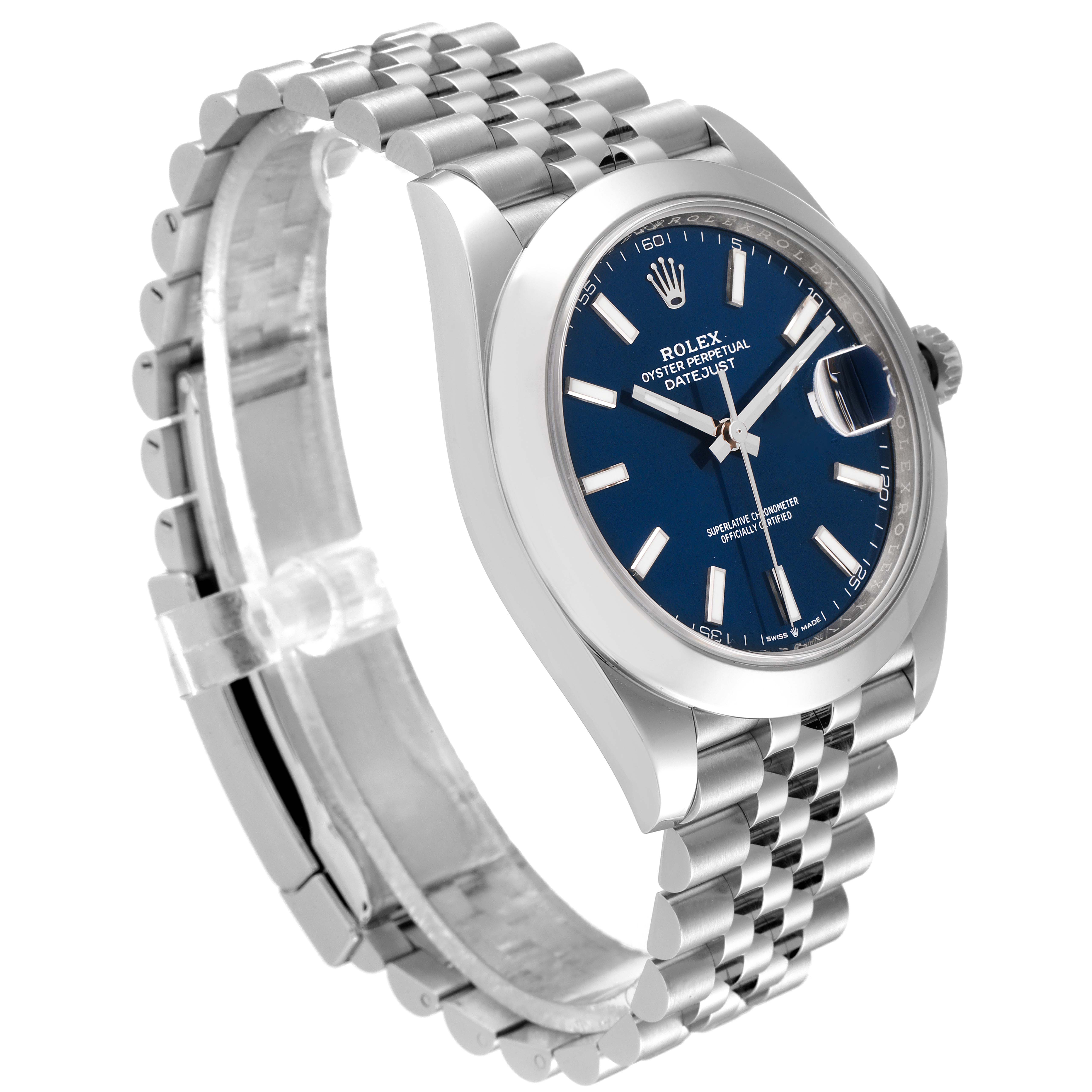 The Rolex Datejust 41 126300 Men
s Stainless Steel Blue Dial 126300 Men
s Stainless Steel Blue Dial is shown at an oblique angle, displaying the blue dial, stainless steel case, and jubilee bracelet.
