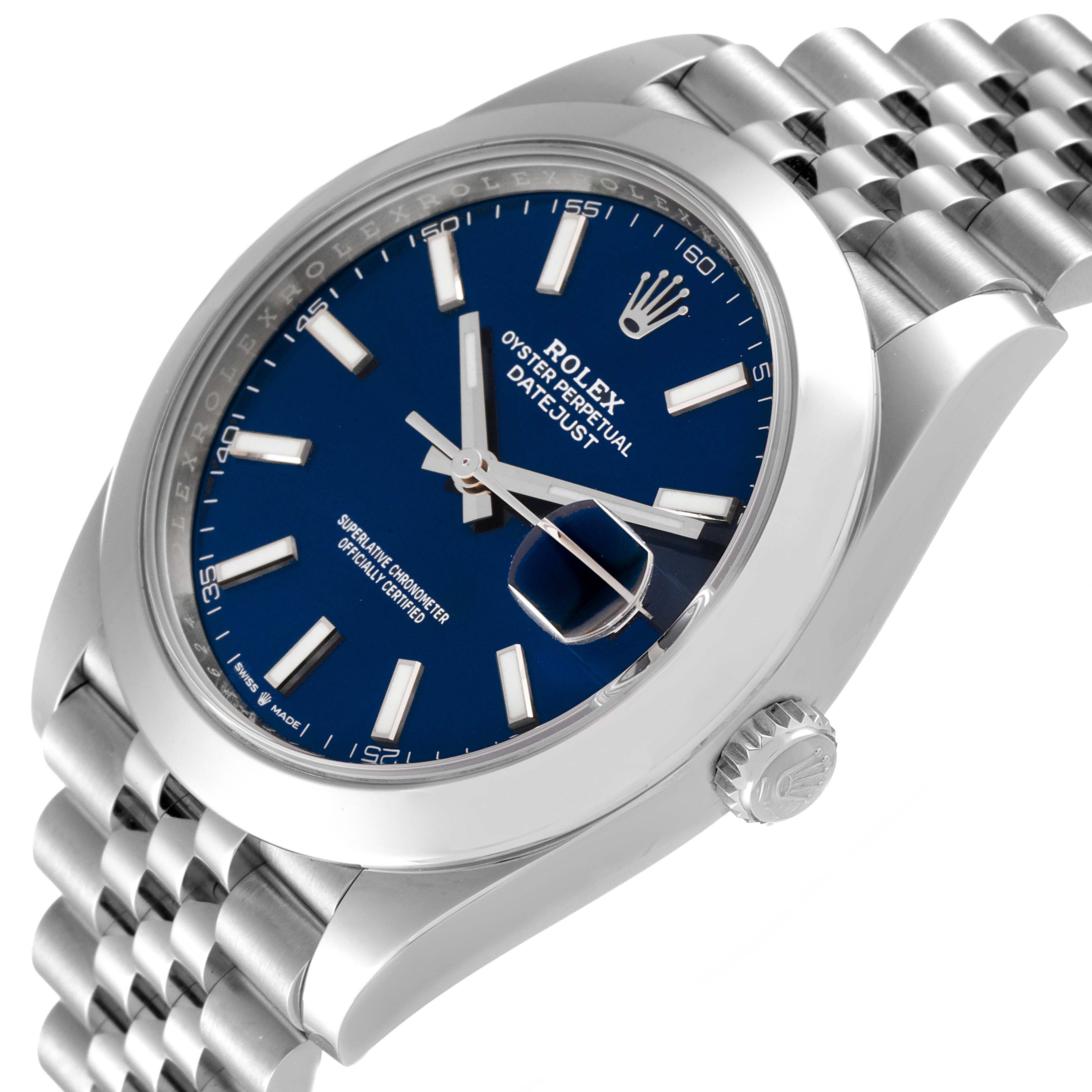 This is a close-up view of the Rolex Datejust 41 126300 Men
s Stainless Steel Blue Dial 126300 Men
s Stainless Steel Blue Dial watch, showcasing its blue dial, stainless steel case, and jubilee bracelet.