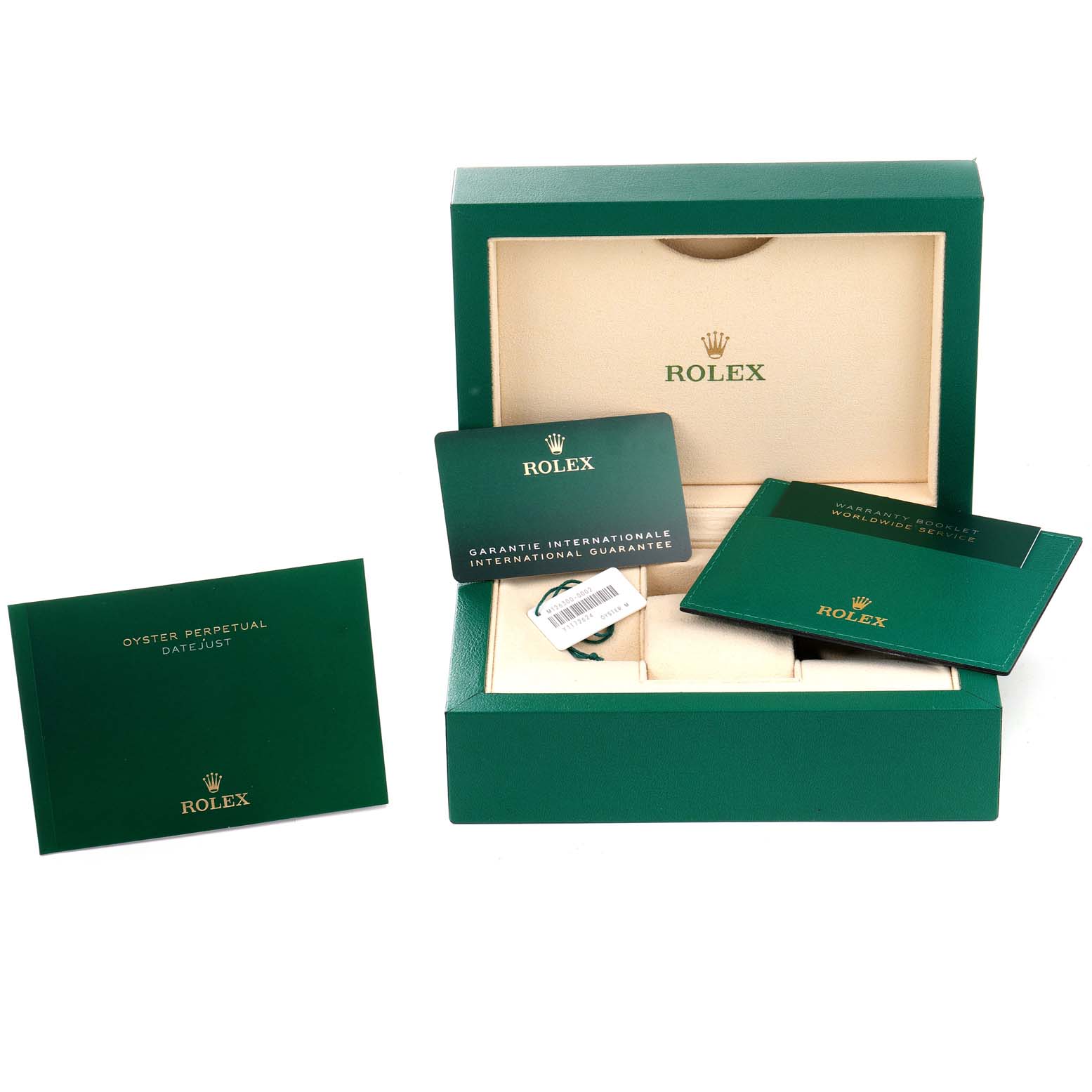 The image shows a Rolex Datejust 41 126300 Men
s Stainless Steel Blue Dial 126300 Men
s Stainless Steel Blue Dial box with guarantee cards and a manual.