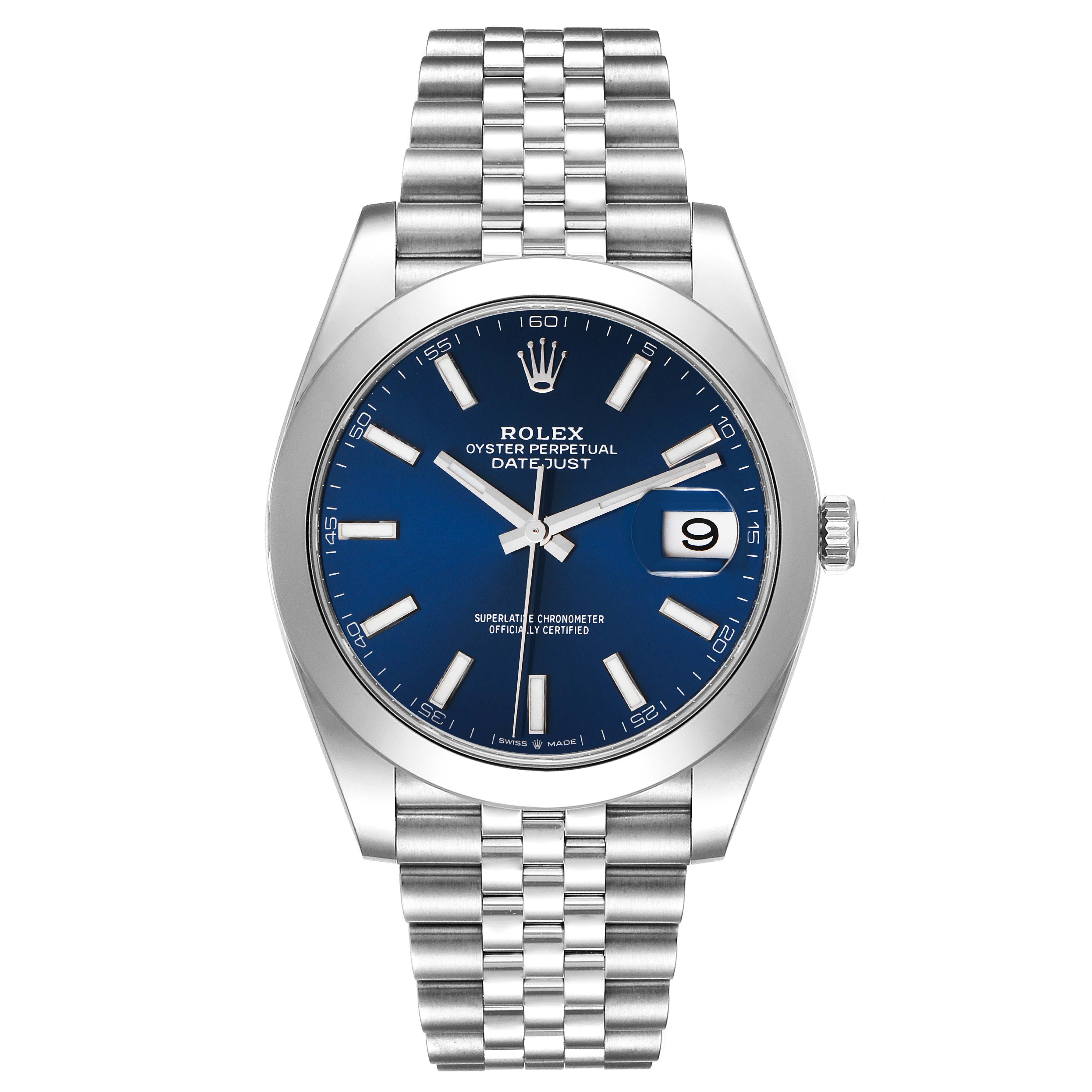 The Rolex Datejust 41 126300 Men
s Stainless Steel Blue Dial 126300 Men
s Stainless Steel Blue Dial is shown from the front angle, highlighting its blue dial, date window, and Jubilee bracelet.
