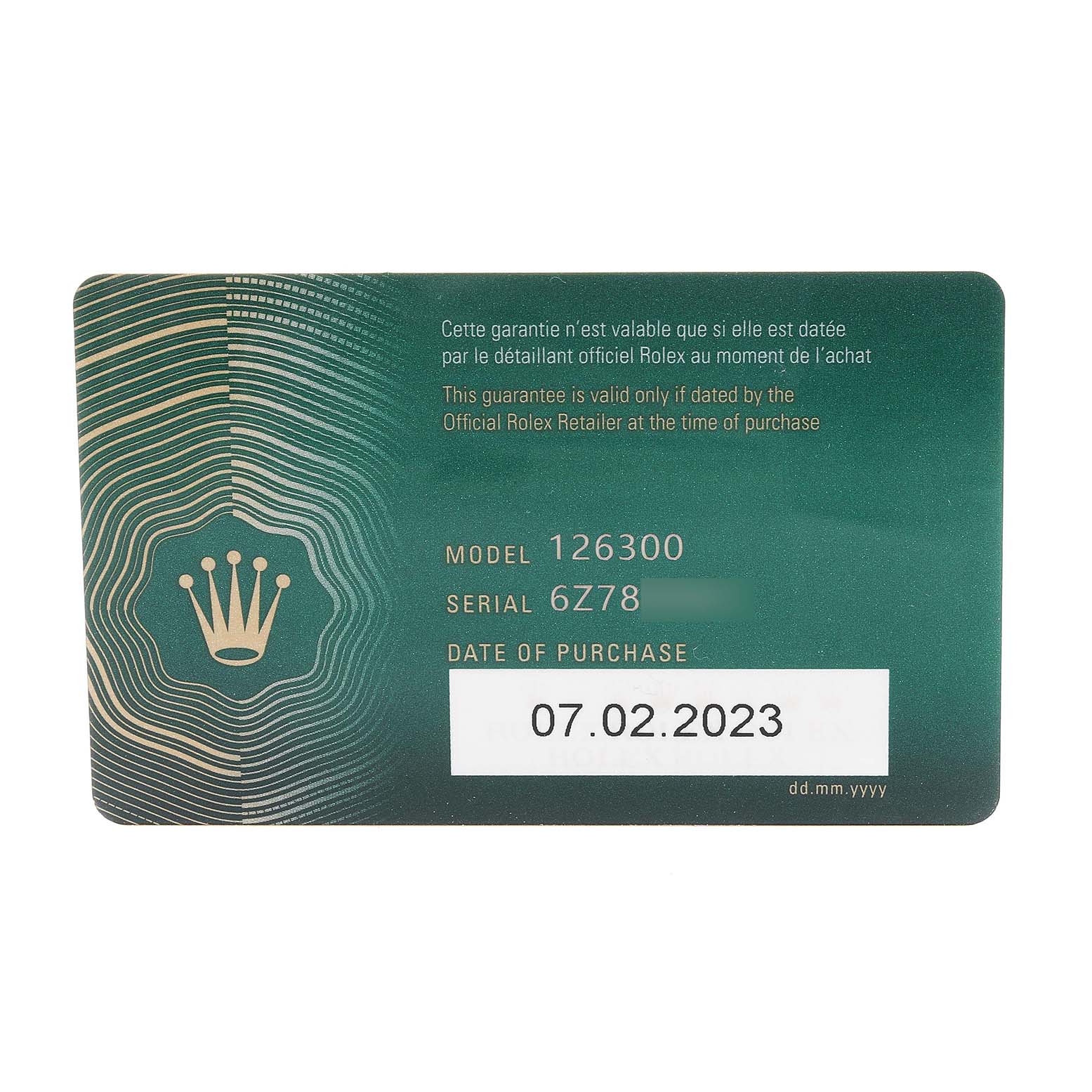 This image shows a warranty card for the Rolex Datejust 41 126300 Men's Stainless Steel Blue Dial 126300 Men's Stainless Steel Blue Dial model, displaying the model number, serial number, and date of purchase.