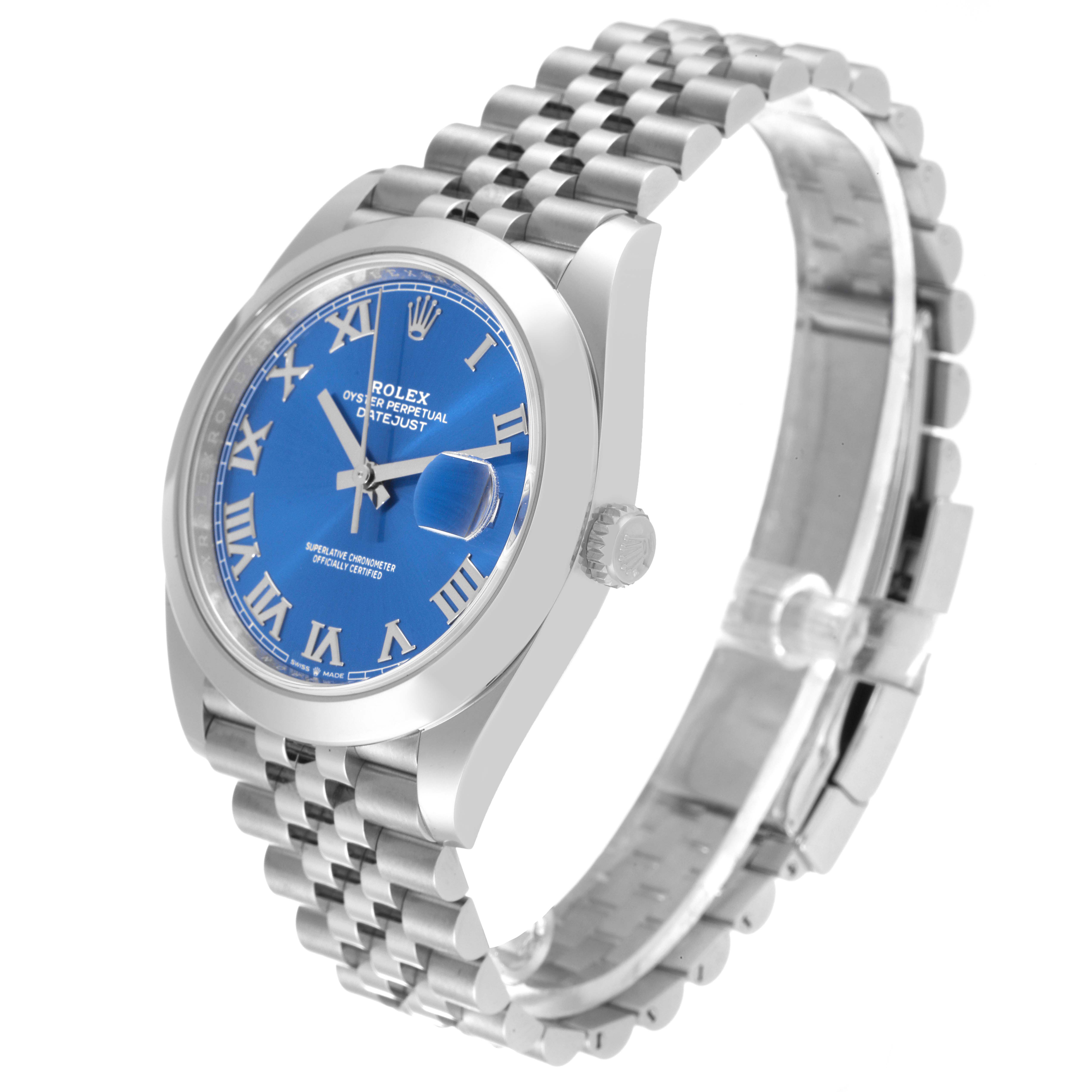 The image shows a Rolex Datejust 41 126300 Men's Stainless Steel Blue Dial 126300 Men's Stainless Steel Blue Dial watch angled from the front-left, displaying its blue dial, Roman numerals, and Jubilee bracelet.