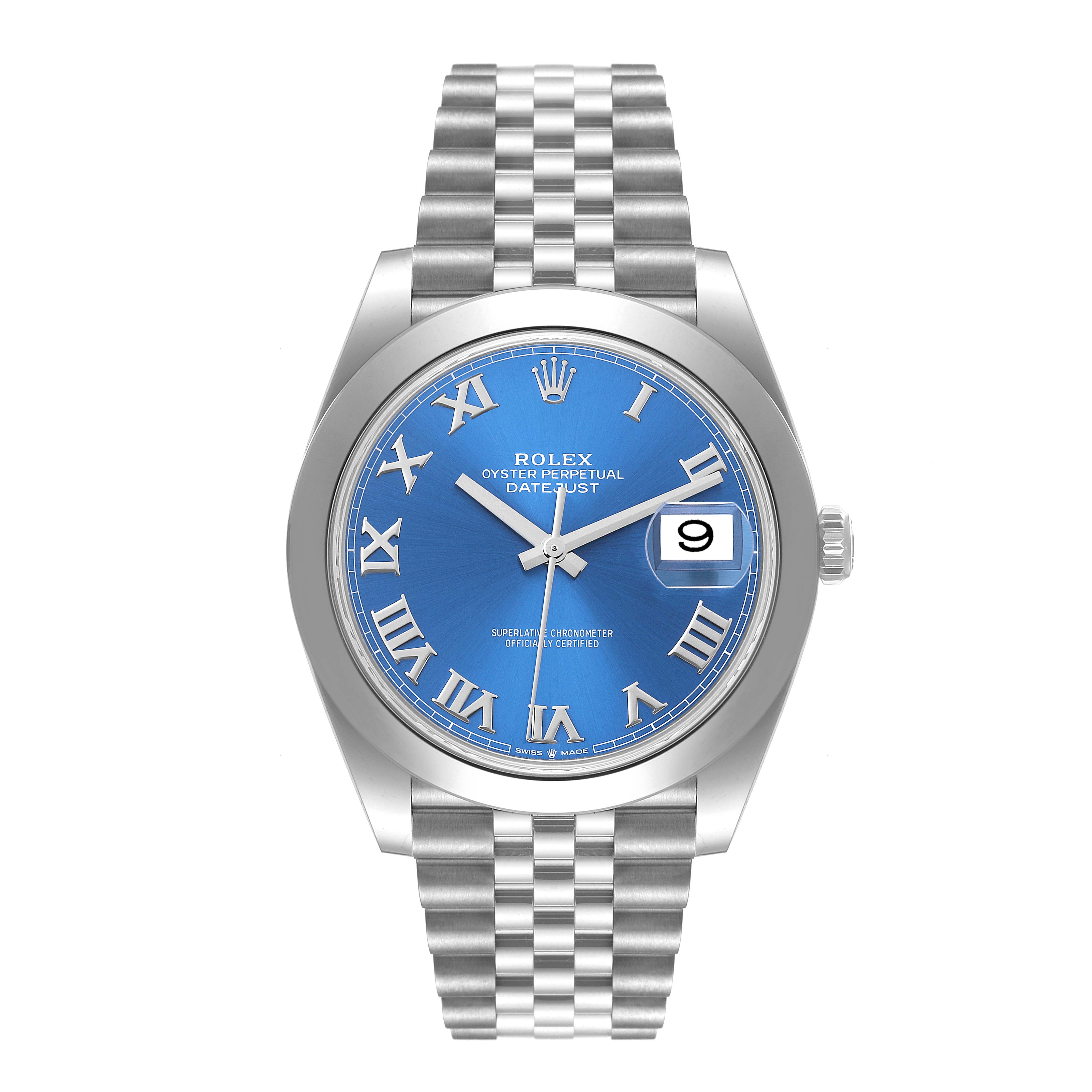 This image shows a Rolex Datejust 41 126300 Men's Stainless Steel Blue Dial 126300 Men's Stainless Steel Blue Dial watch from a front angle, displaying the blue dial, Roman numerals, and Jubilee bracelet.