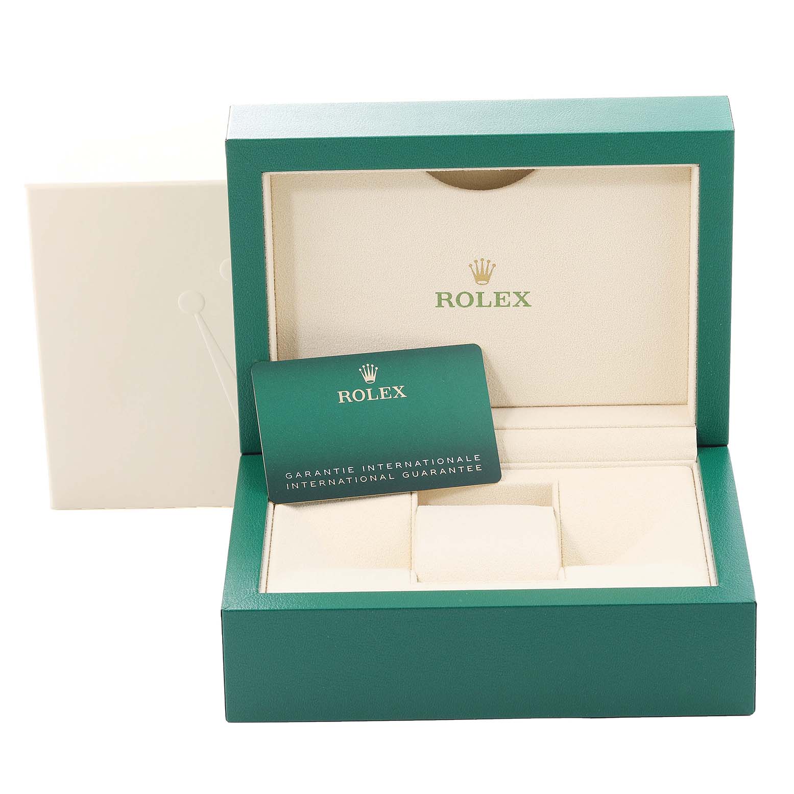 The image shows an open green Rolex Datejust 41 126300 Men's Stainless Steel Blue Dial 126300 Men's Stainless Steel Blue Dial watch box with the international guarantee card inside.