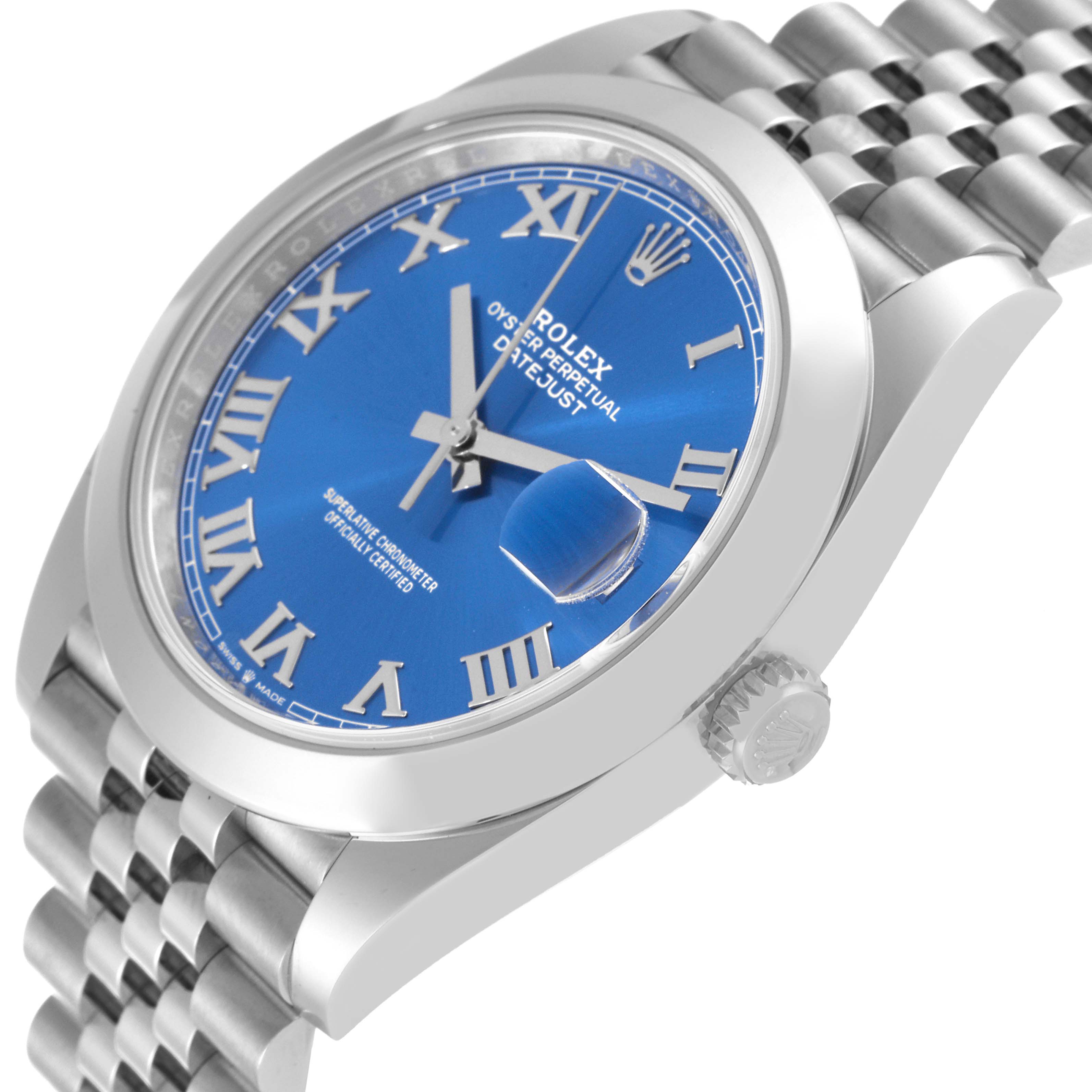 The image shows a side view of the Rolex Datejust 41 126300 Men's Stainless Steel Blue Dial 126300 Men's Stainless Steel Blue Dial, featuring its blue dial, crown, and part of its jubilee bracelet.