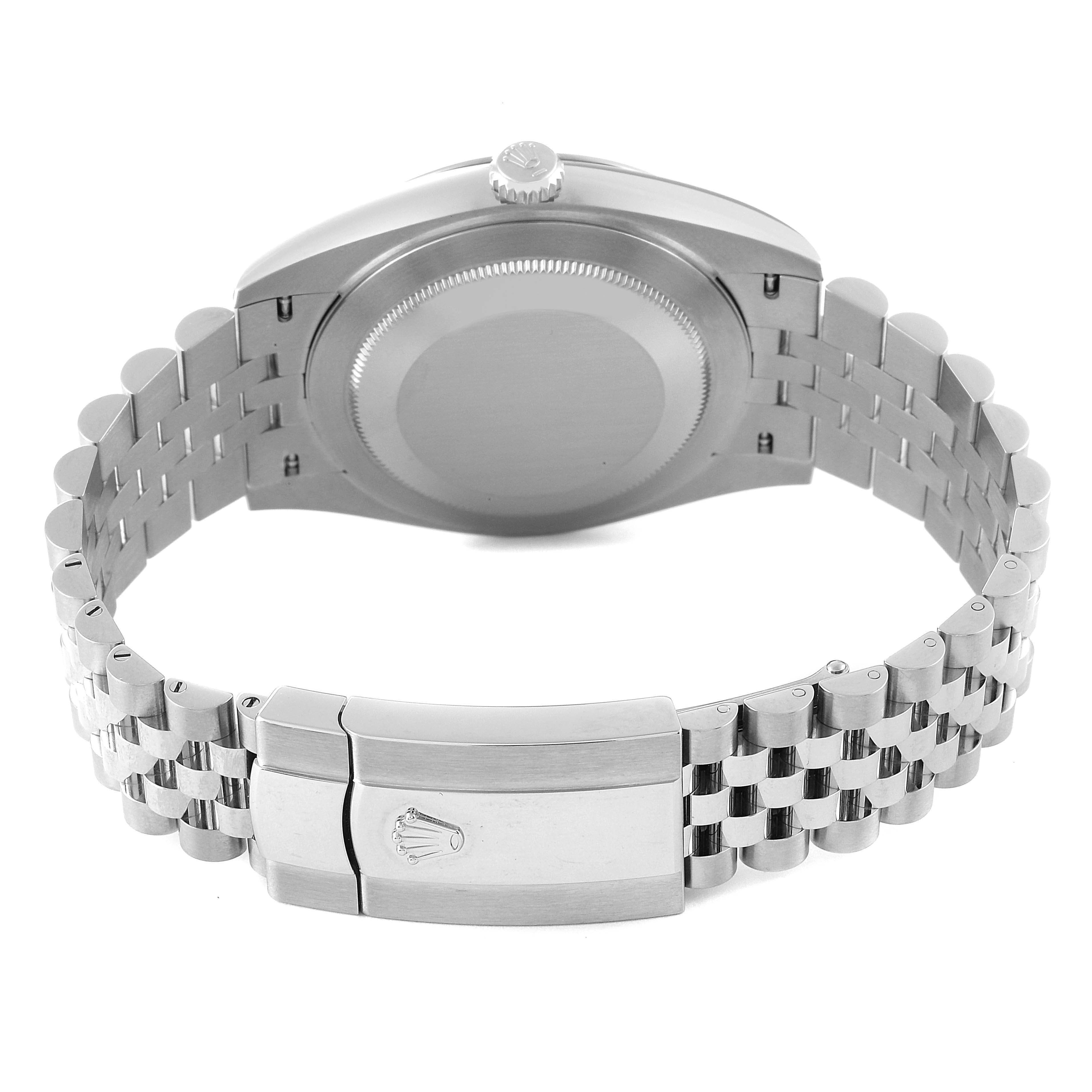 The image shows the back view of the Rolex Datejust 41 126300 Men's Stainless Steel Blue Dial 126300 Men's Stainless Steel Blue Dial watch, highlighting the case back, bracelet, and clasp.