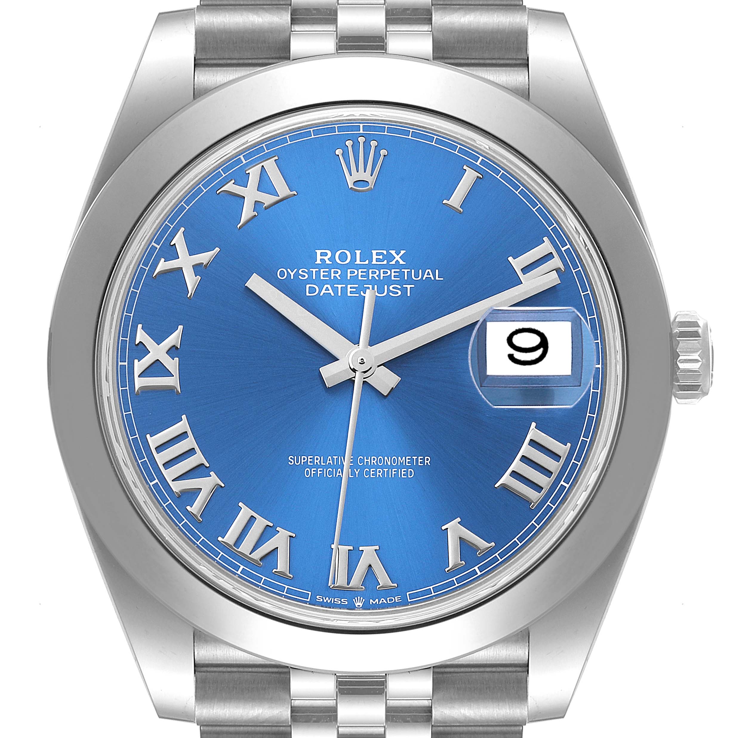 This image shows the face of the Rolex Datejust 41 126300 Men's Stainless Steel Blue Dial 126300 Men's Stainless Steel Blue Dial watch in a frontal angle, highlighting its blue dial, Roman numerals, and date display.