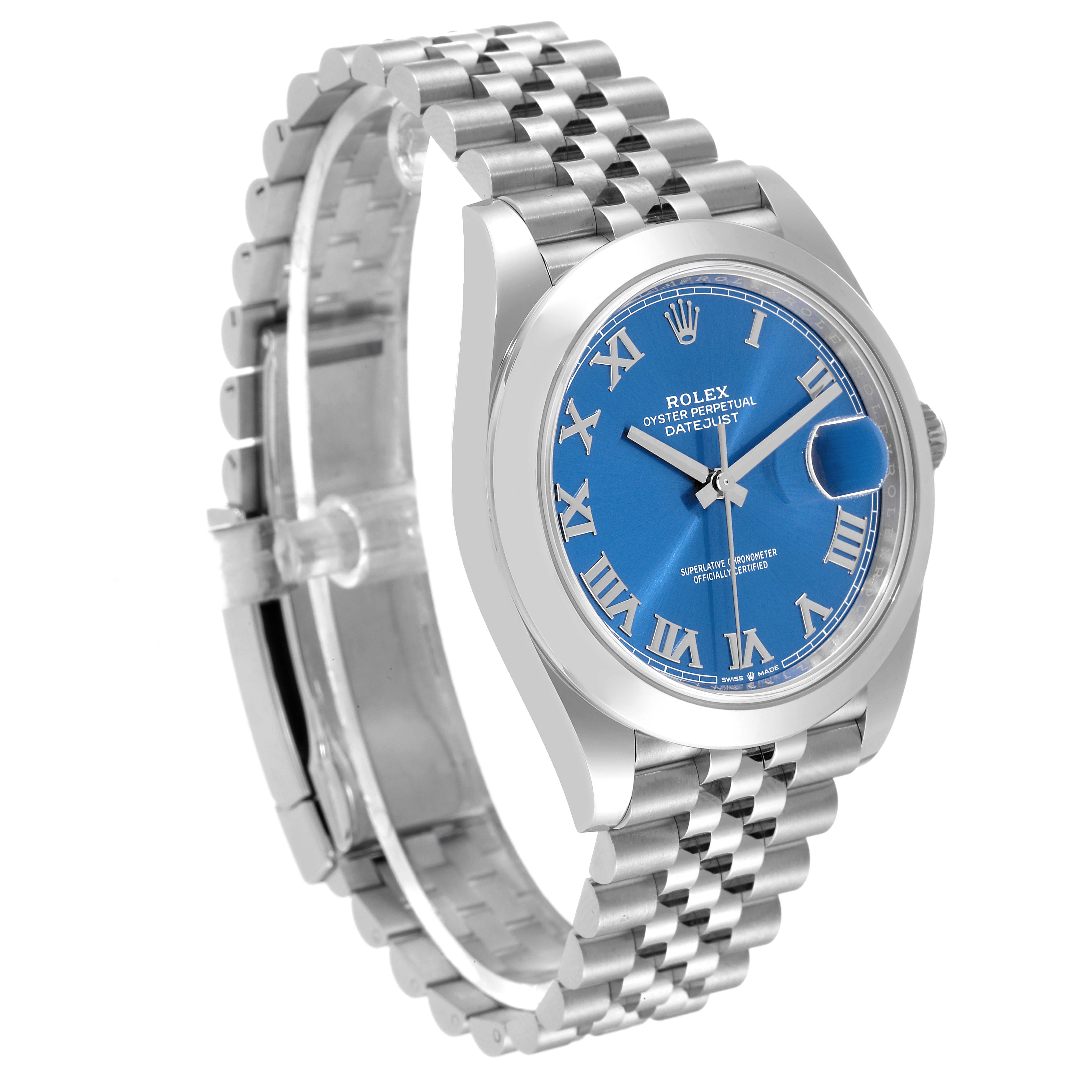 The Rolex Datejust 41 126300 Men's Stainless Steel Blue Dial 126300 Men's Stainless Steel Blue Dial watch is shown at a three-quarter angle, highlighting its blue dial, Roman numeral markers, and Jubilee bracelet.