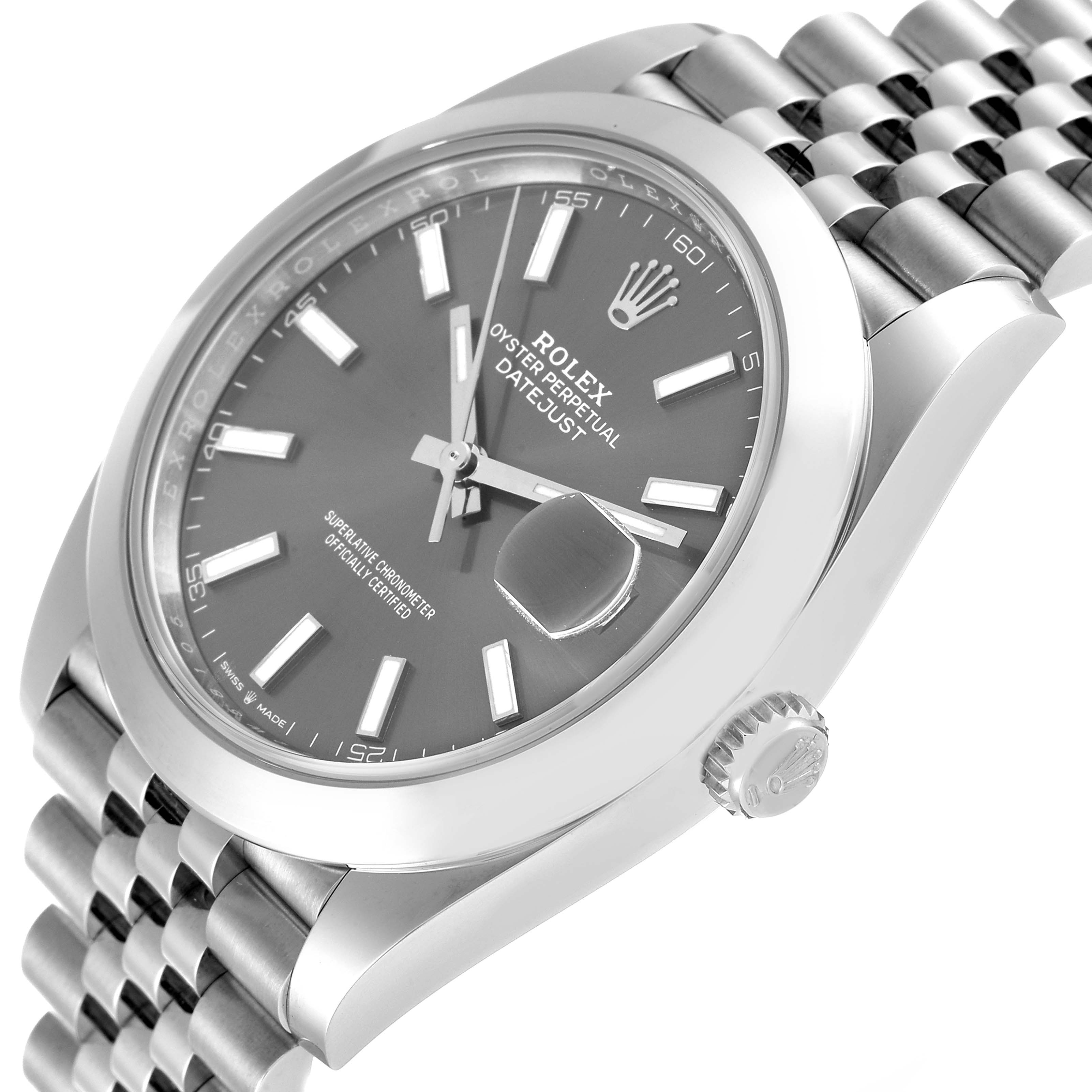 The image shows a side angle of the Rolex Datejust 41 126300 Men's Stainless Steel Grey Dial 126300 Men's Stainless Steel Grey Dial, highlighting its dial, bezel, crown, and jubilee bracelet.