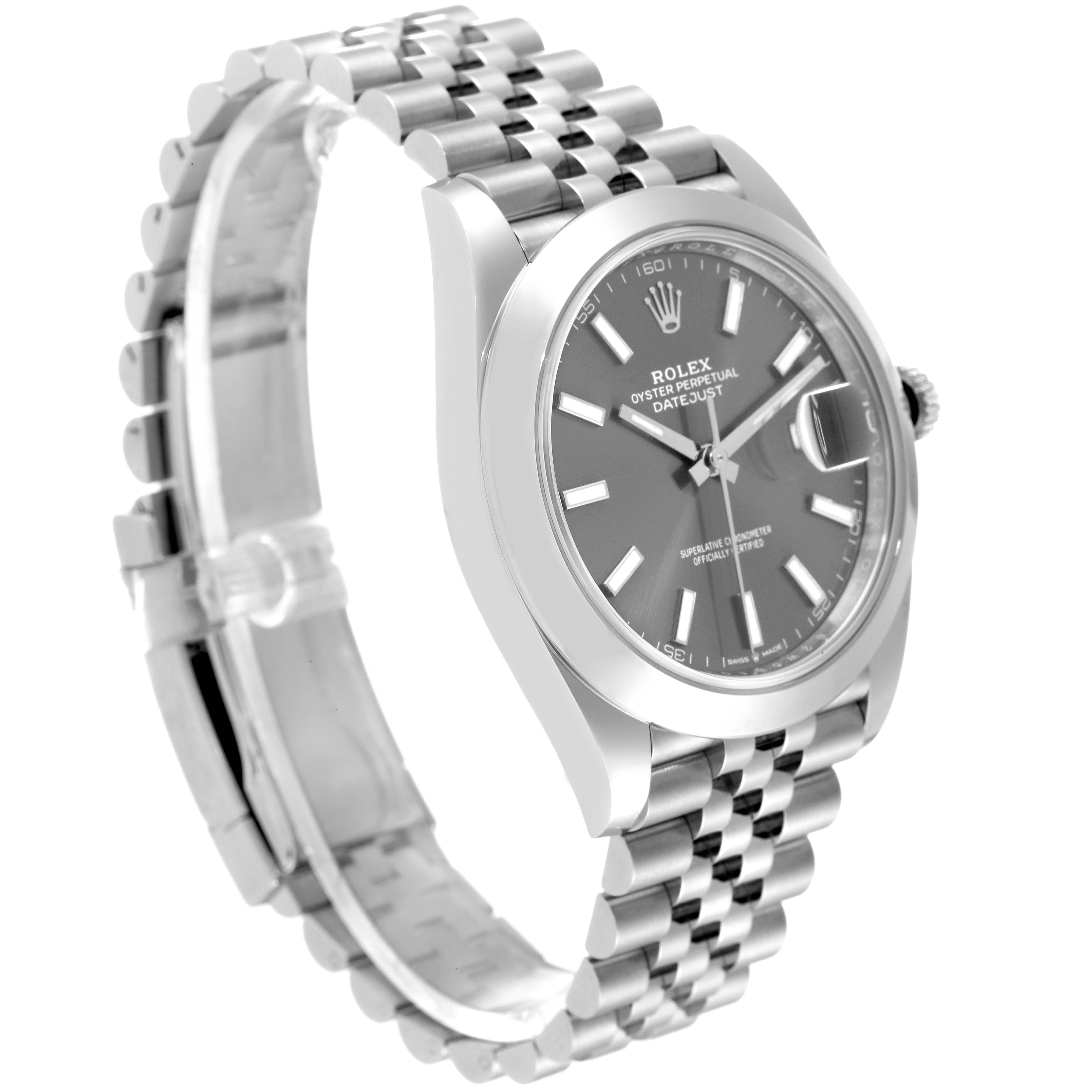 The Rolex Datejust 41 126300 Men's Stainless Steel Grey Dial 126300 Men's Stainless Steel Grey Dial watch is shown at an angled side view, highlighting the dial, bezel, and bracelet.