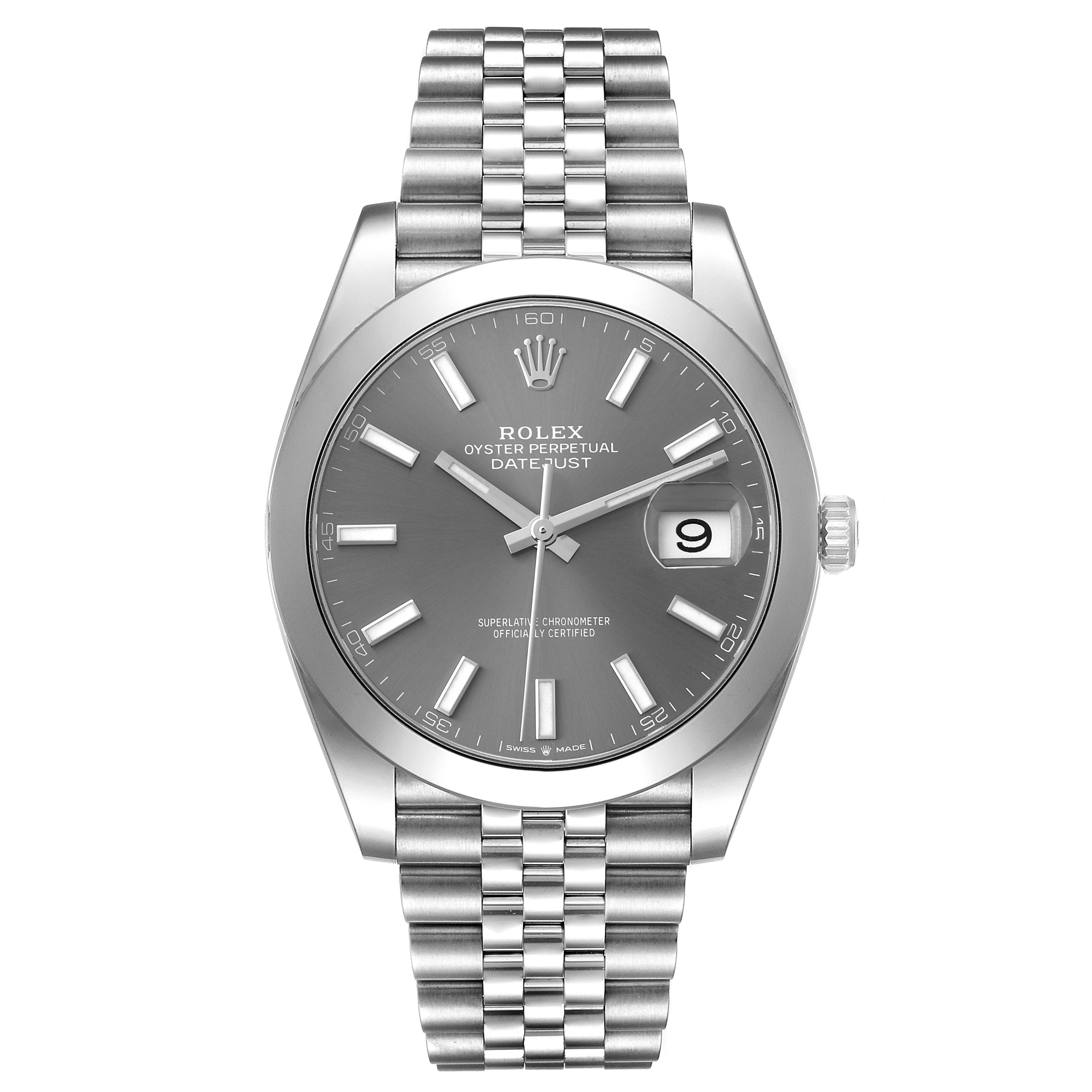 The image shows a Rolex Datejust 41 126300 Men's Stainless Steel Grey Dial 126300 Men's Stainless Steel Grey Dial watch from the front, highlighting its dial, date window, and Jubilee bracelet.