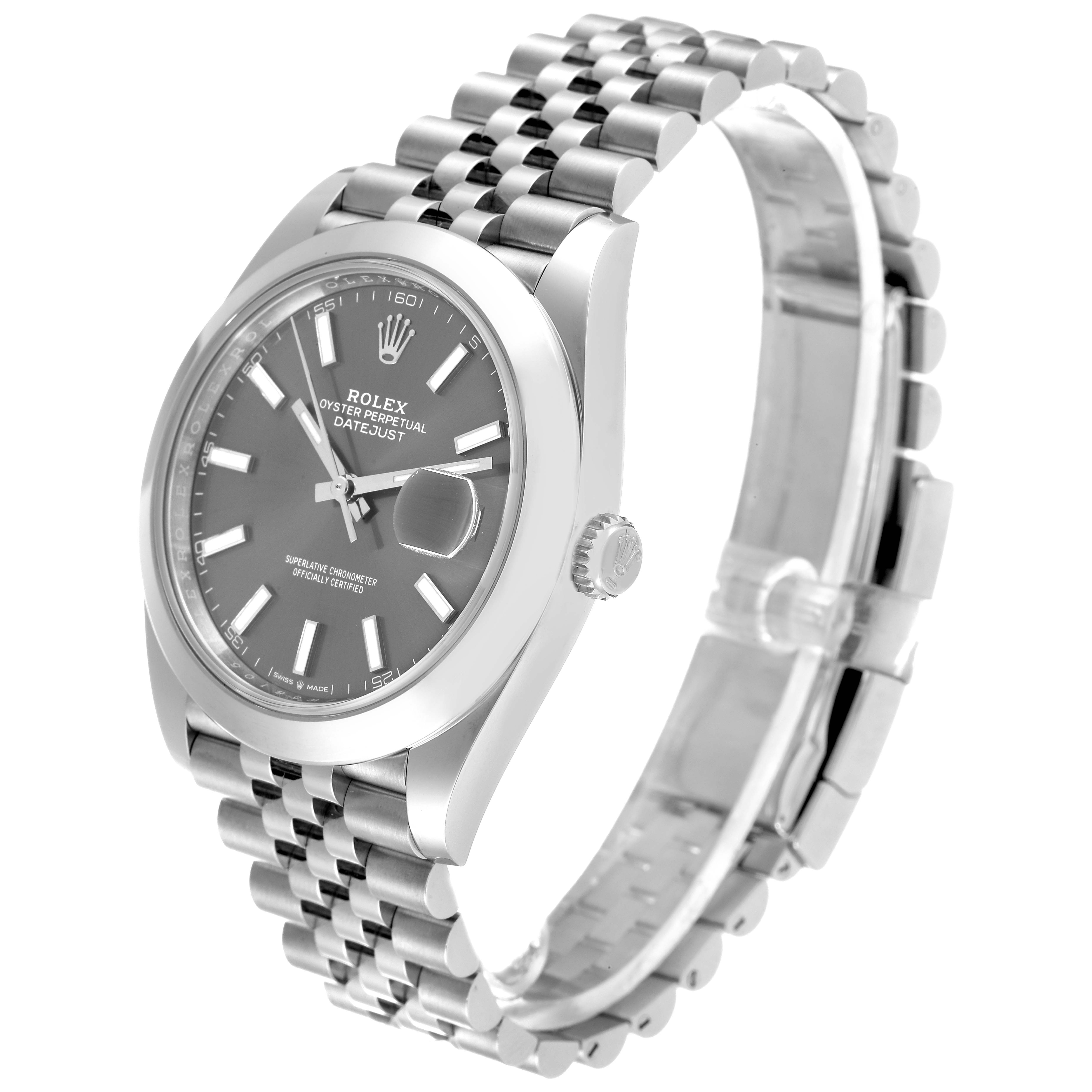 The image shows a Rolex Datejust 41 126300 Men's Stainless Steel Grey Dial 126300 Men's Stainless Steel Grey Dial watch from an angled front view, highlighting the face, crown, and Jubilee bracelet.