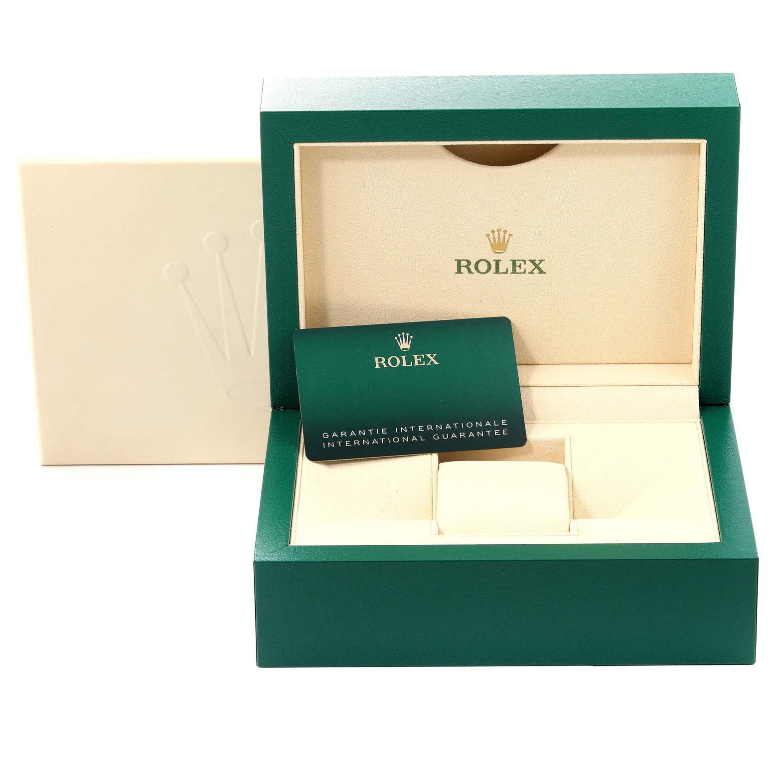 This image shows the open box and guarantee card of a Rolex Datejust 41 126300 Men's Stainless Steel Grey Dial 126300 Men's Stainless Steel Grey Dial watch.