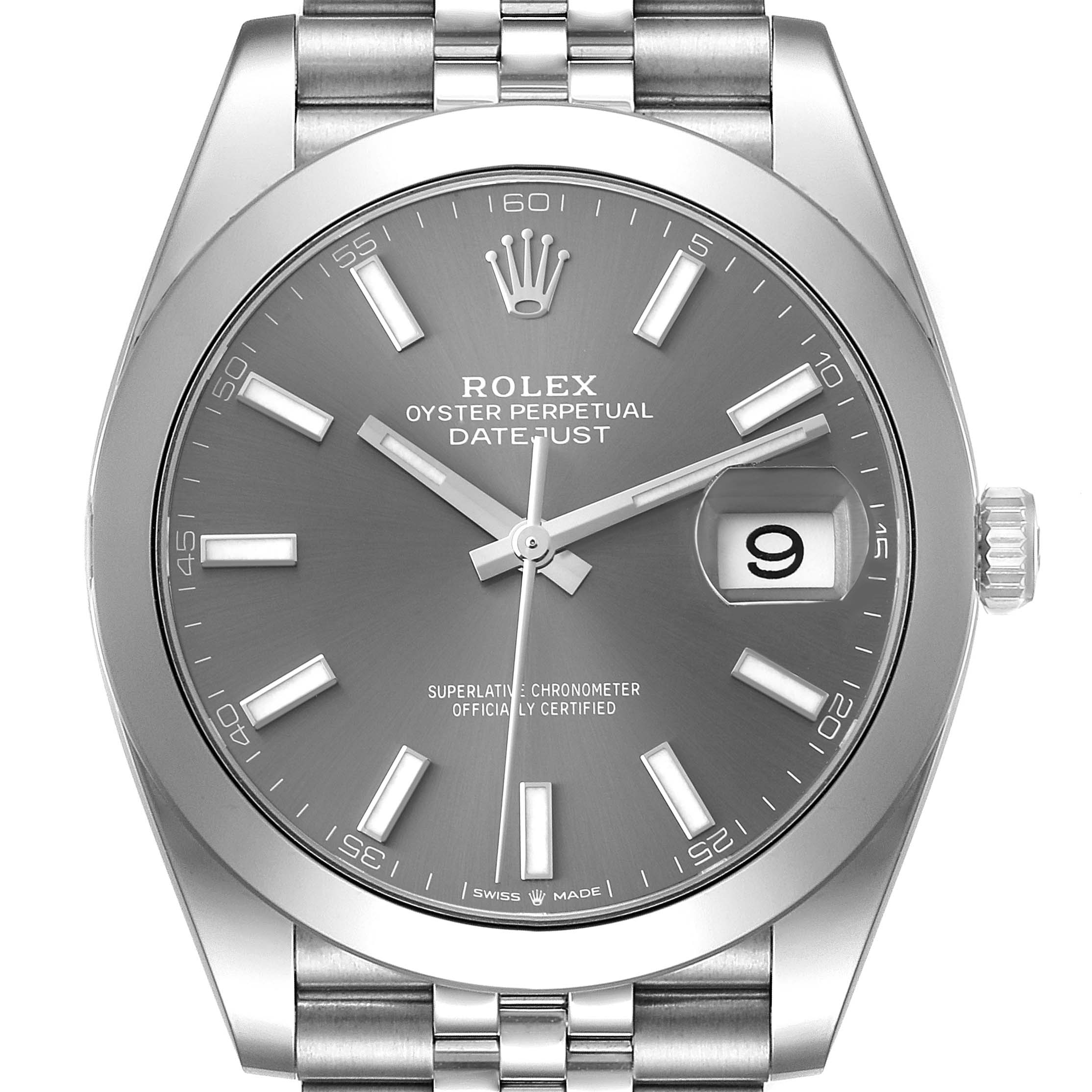 The image shows a front view of a Rolex Datejust 41 126300 Men's Stainless Steel Grey Dial 126300 Men's Stainless Steel Grey Dial watch, highlighting its dial, hands, date display, and a portion of the bracelet.