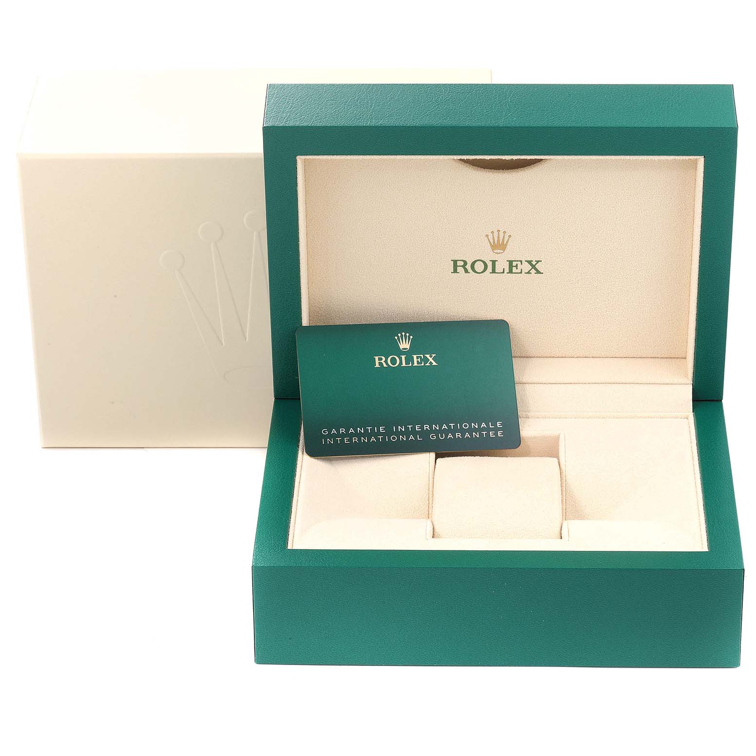 The image shows the open box and guarantee card for a Rolex Datejust 41 126331 Men's Steel and Gold (two tone) Beige Dial 126331 Men's Steel and Gold (two tone) Beige Dial, with a beige interior and green exterior box.
