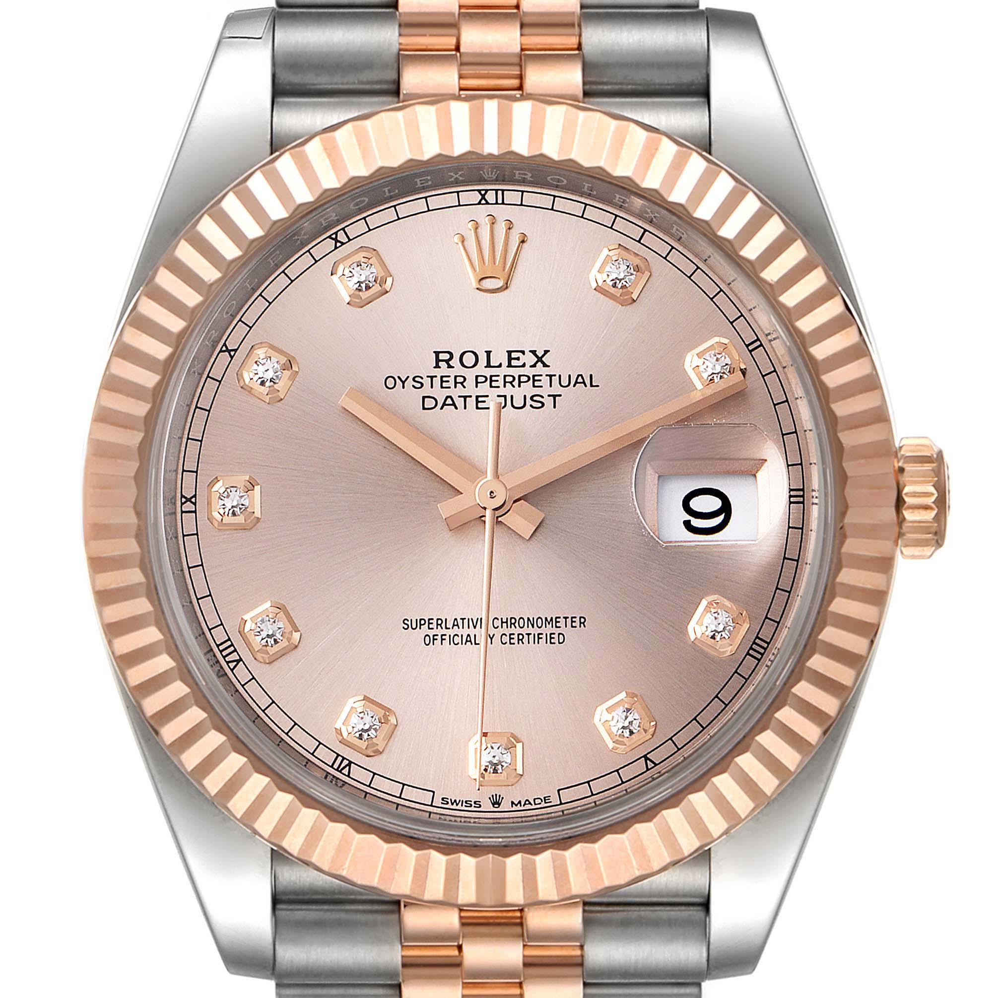 This is a close-up of the Rolex Datejust 41 126331 Men's Steel and Gold (two tone) Beige Dial 126331 Men's Steel and Gold (two tone) Beige Dial watch, showing the dial, fluted bezel, and part of the bracelet.