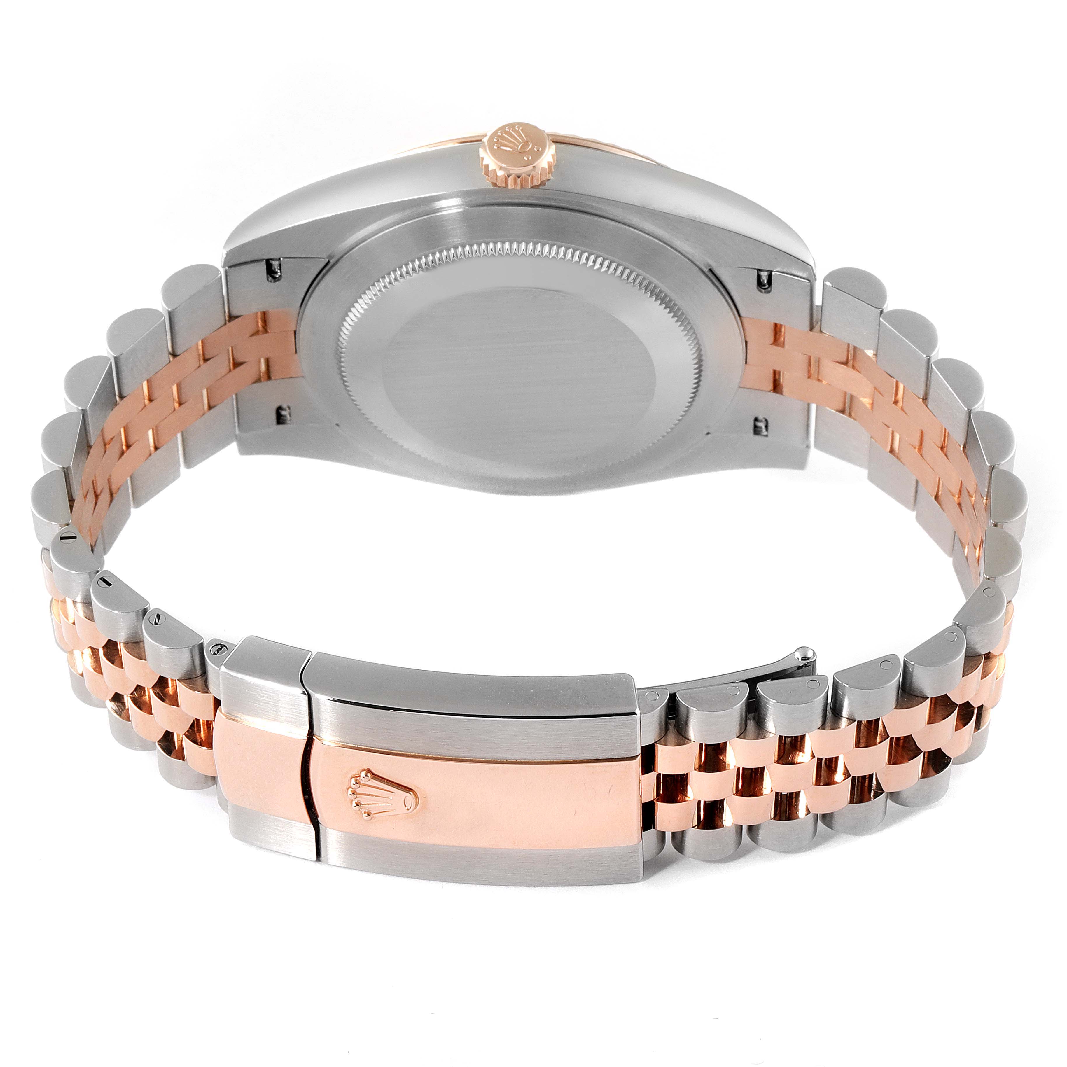 This image shows the back view of a Rolex Datejust 41 126331 Men's Steel and Gold (two tone) Beige Dial 126331 Men's Steel and Gold (two tone) Beige Dial watch, focusing on the case back, crown, and bracelet clasp.