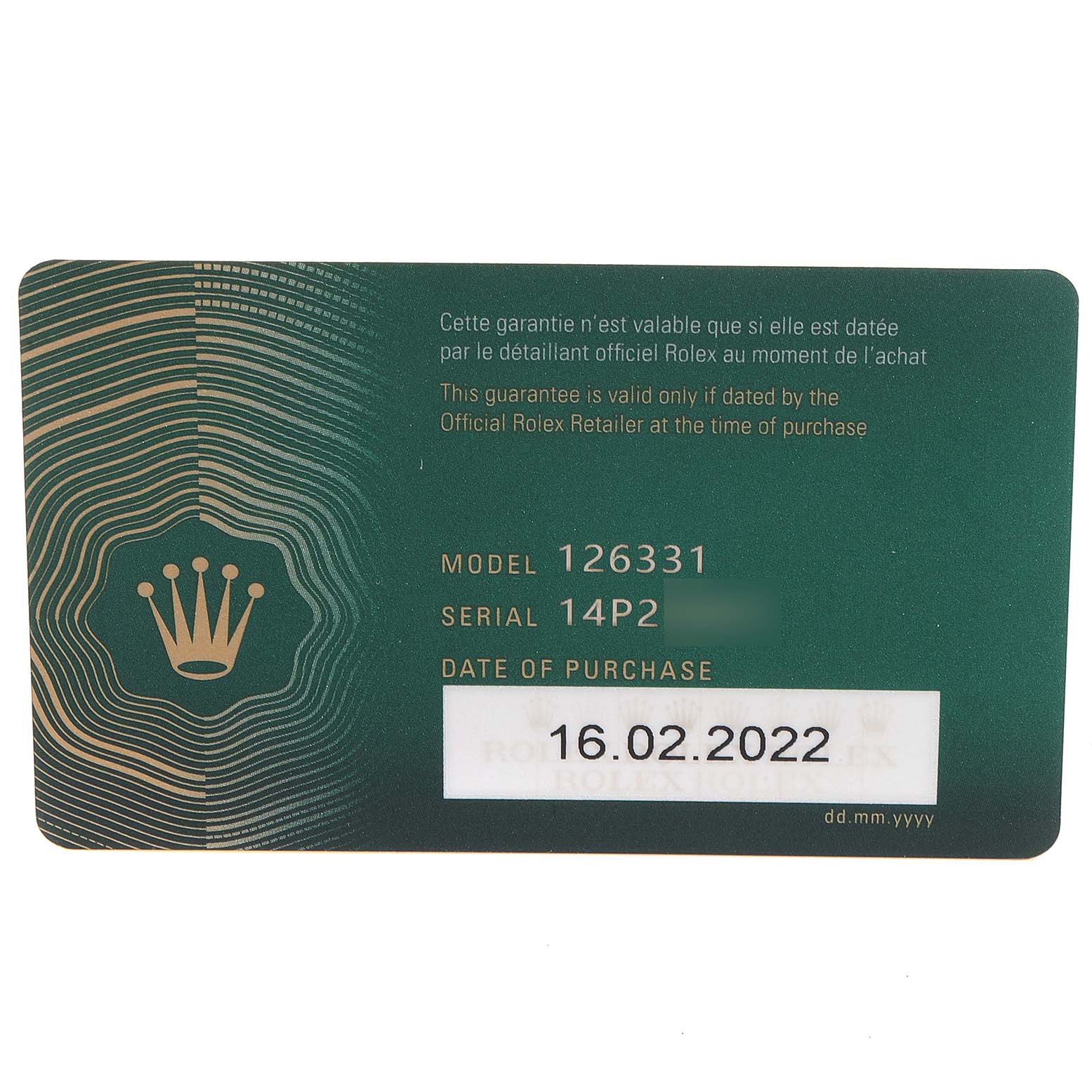 The image shows the warranty card for a Rolex Datejust 41 126331 Men's Steel and Gold (two tone) Beige Dial 126331 Men's Steel and Gold (two tone) Beige Dial model 126331.