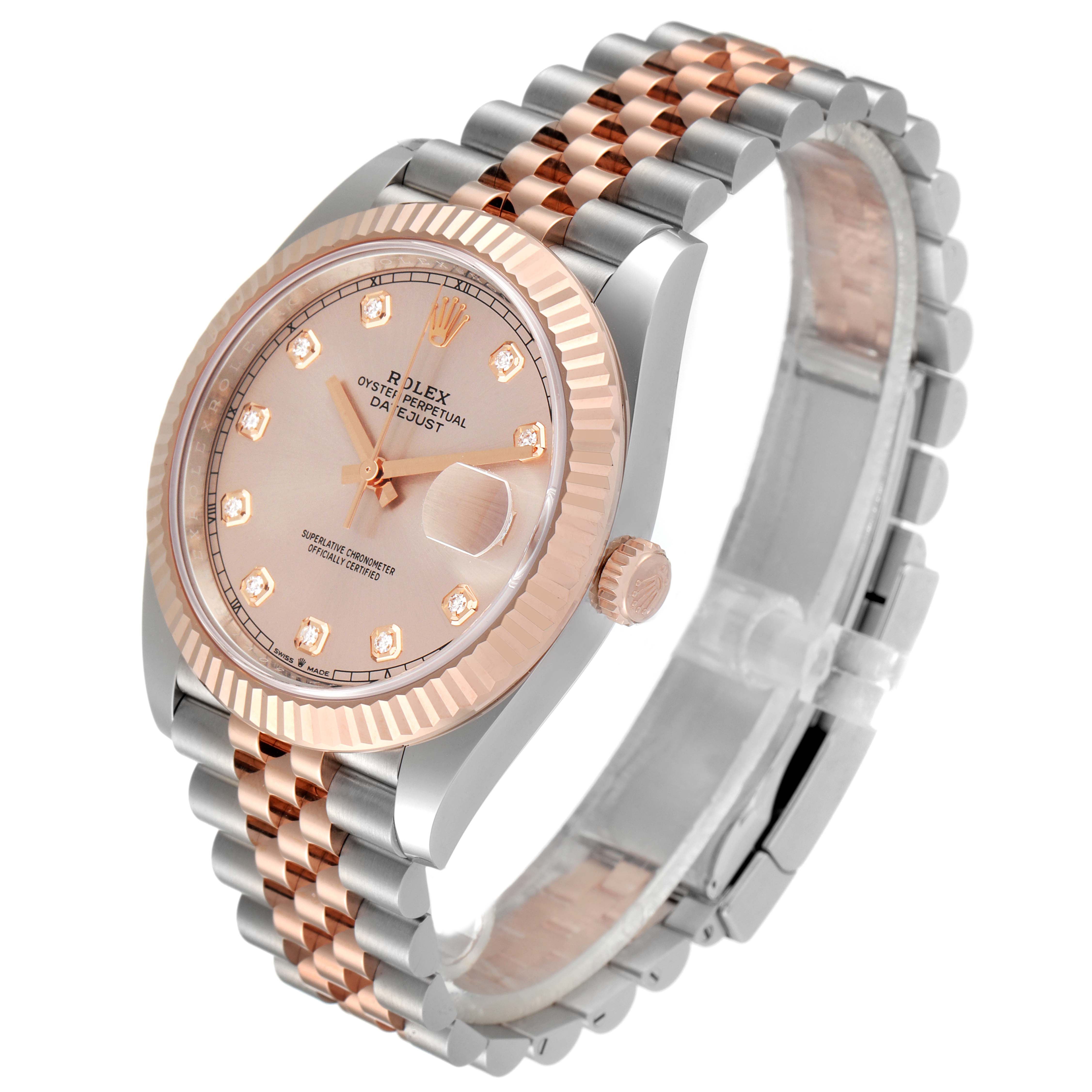 The image shows a Rolex Datejust 41 126331 Men's Steel and Gold (two tone) Beige Dial 126331 Men's Steel and Gold (two tone) Beige Dial model watch at an angled view, highlighting its rose gold bezel, dial, and two-tone bracelet.