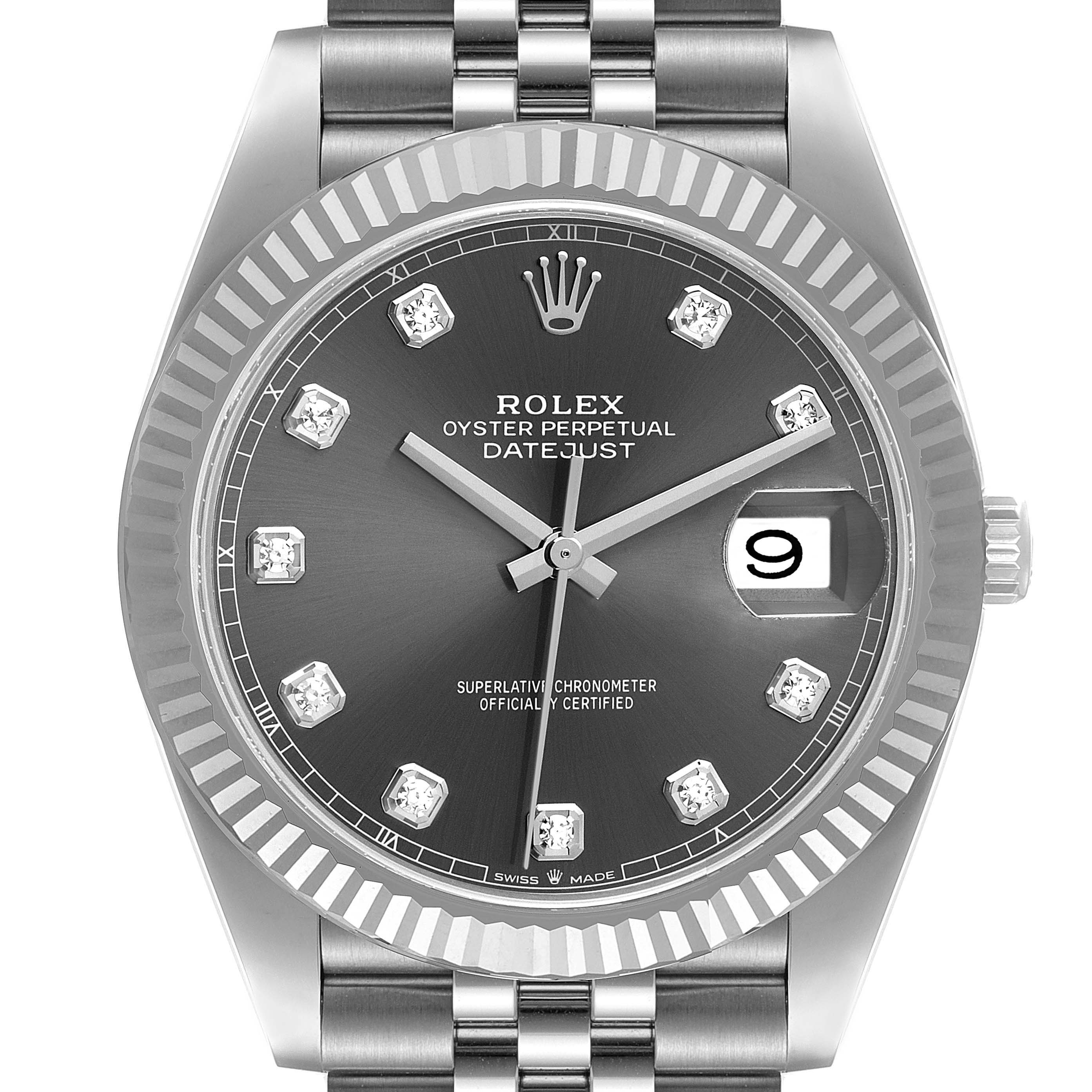 This image shows a front view of the Rolex Datejust 41 126334 Men
s Stainless Steel Grey Dial 126334 Men
s Stainless Steel Grey Dial watch, highlighting its face, dial, and bracelet.