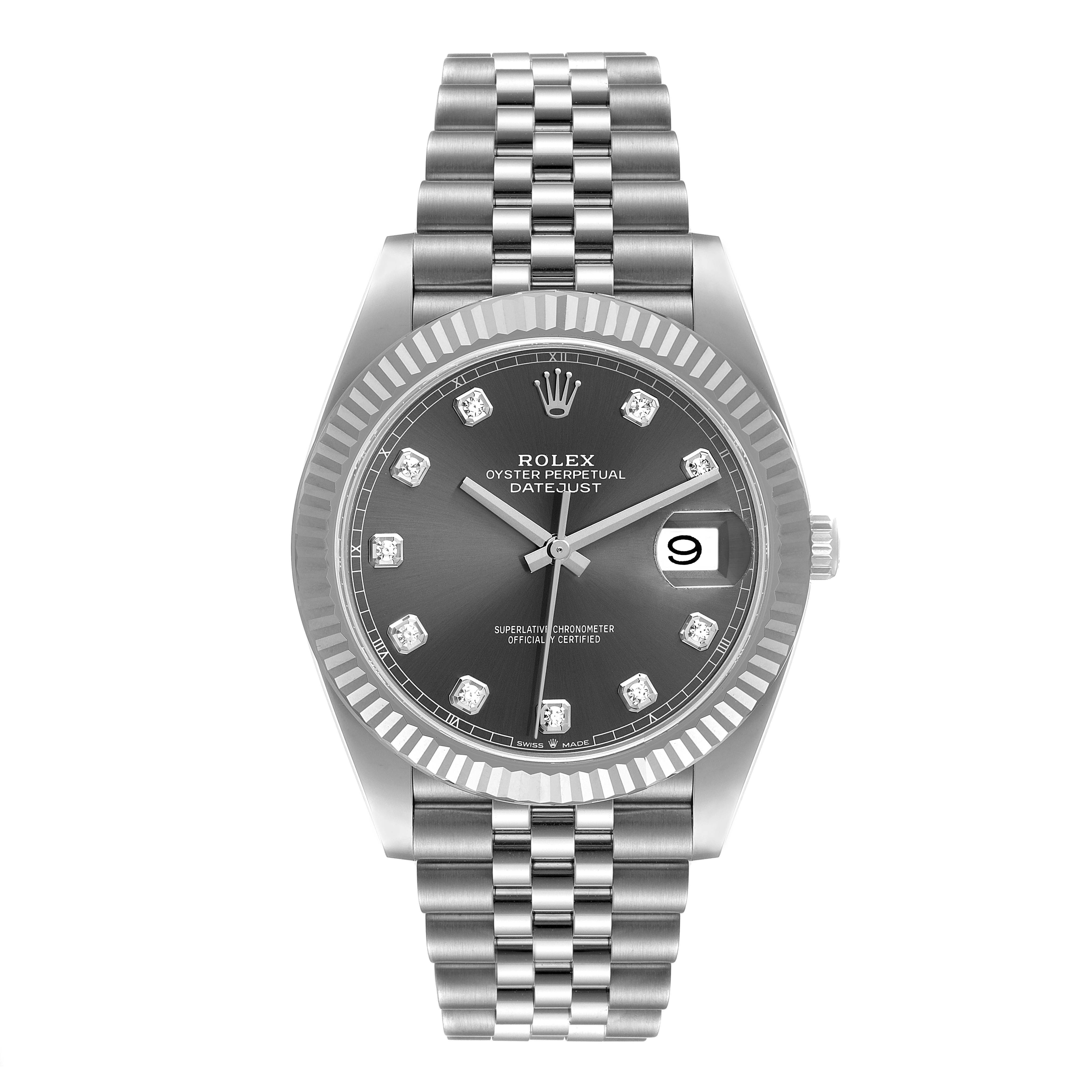 The image shows a front view of the Rolex Datejust 41 126334 Men
s Stainless Steel Grey Dial 126334 Men
s Stainless Steel Grey Dial watch, featuring its face, fluted bezel, and jubilee bracelet.