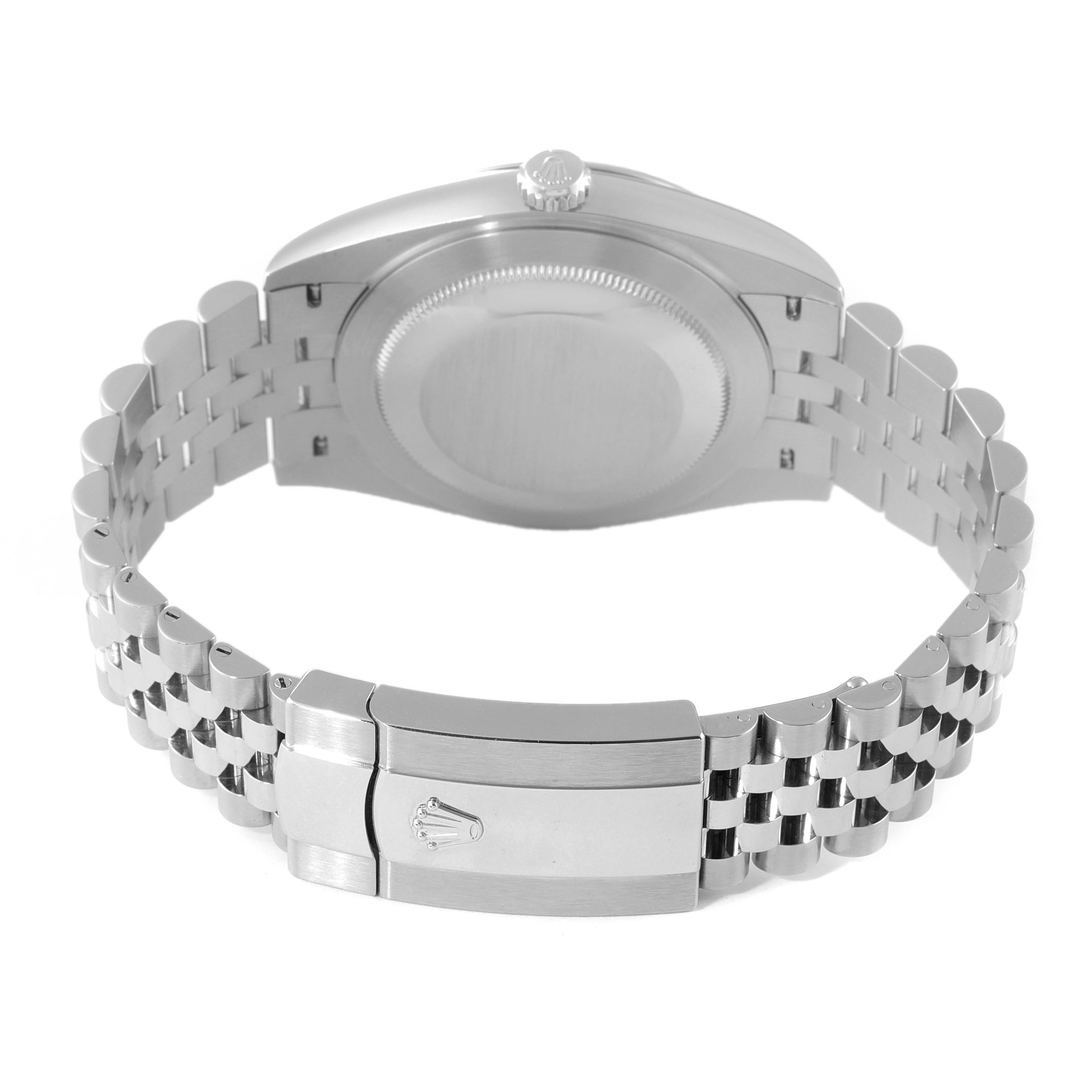 The image shows the back view of a Rolex Datejust 41 126334 Men
s Stainless Steel Grey Dial 126334 Men
s Stainless Steel Grey Dial, highlighting the case back, bracelet, and clasp.