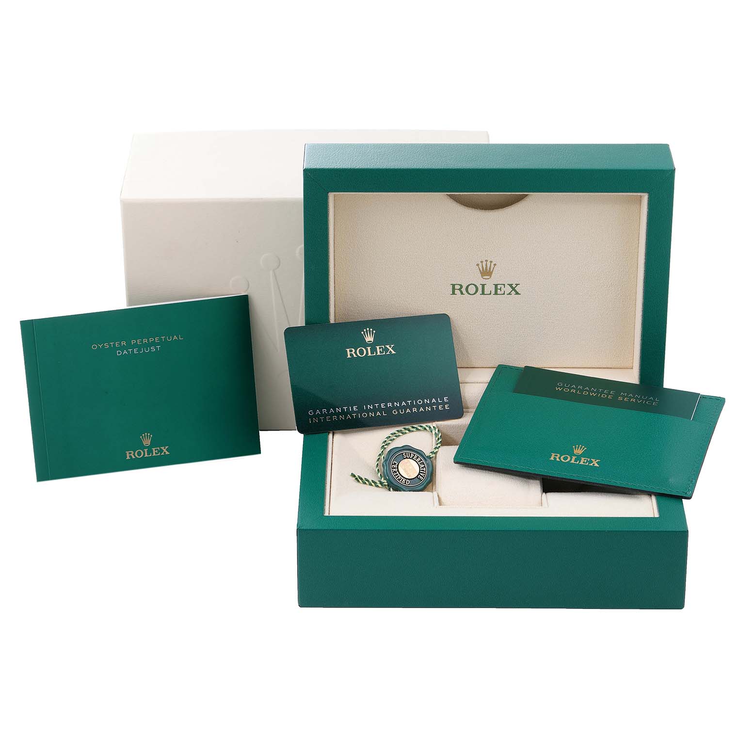 The image shows the packaging, warranty card, and booklets for the Rolex Datejust 41 126334 Men
s Stainless Steel Grey Dial 126334 Men
s Stainless Steel Grey Dial watch.