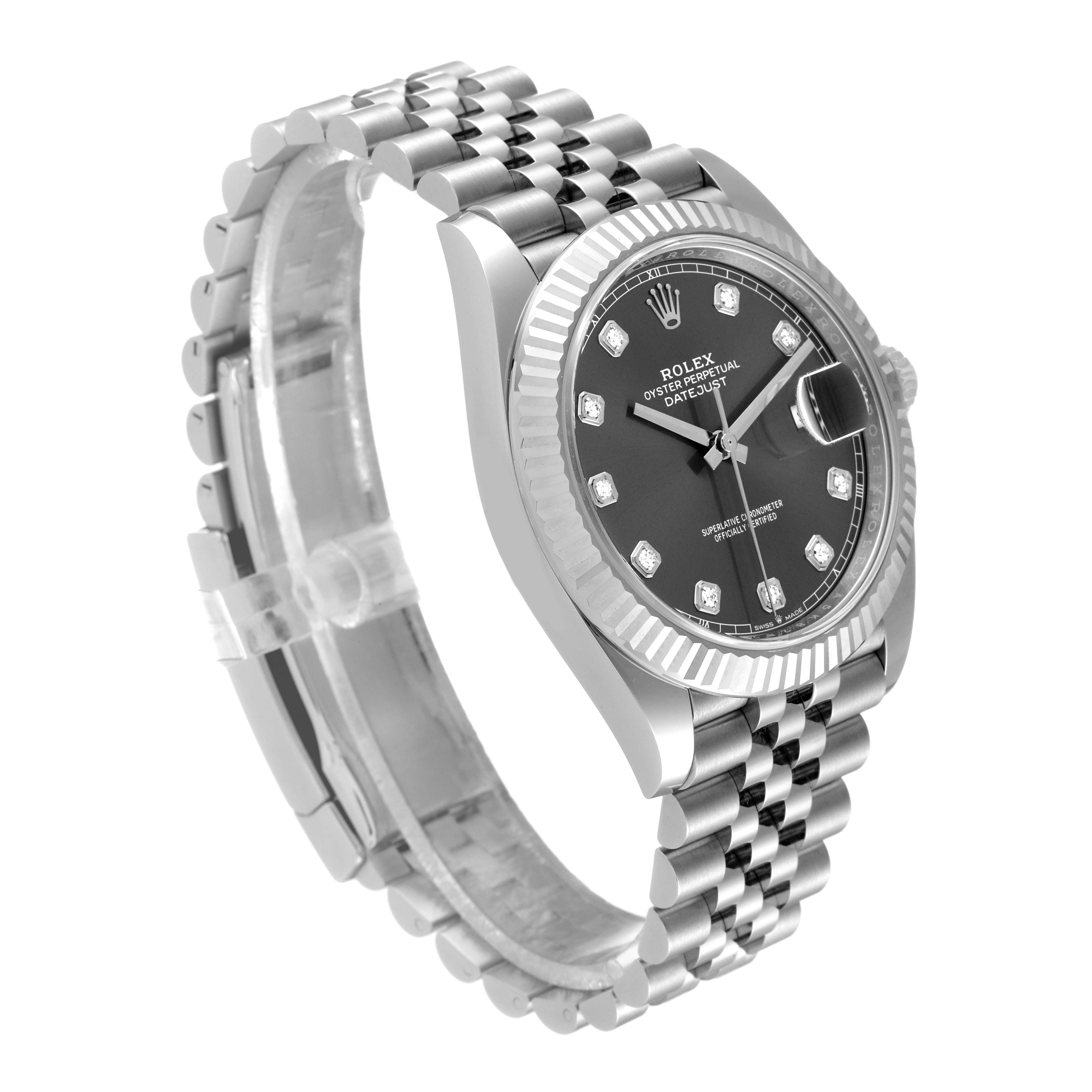 The Rolex Datejust 41 126334 Men
s Stainless Steel Grey Dial 126334 Men
s Stainless Steel Grey Dial watch is shown at an angled front view, highlighting the face, bezel, and partially the band.