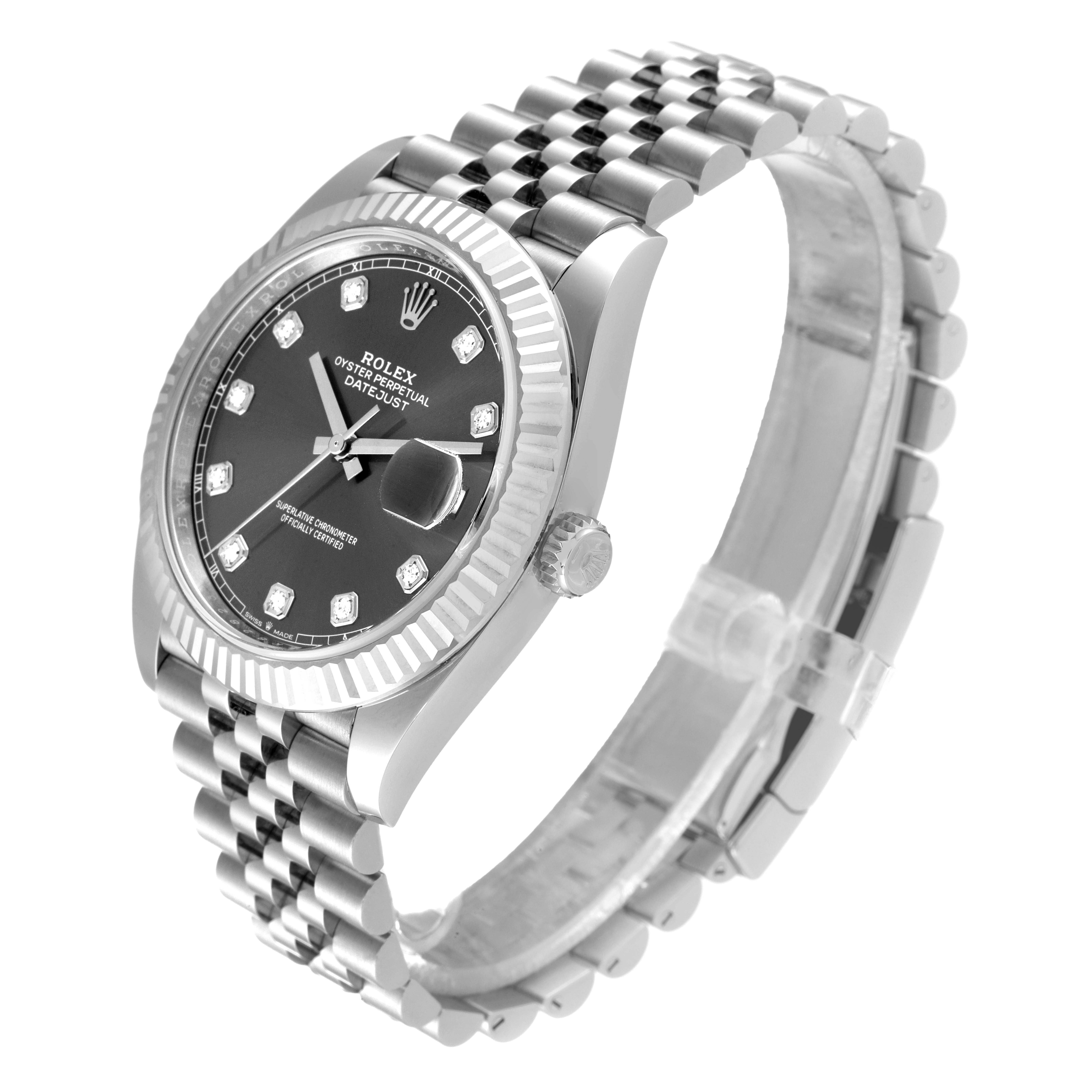 The Rolex Datejust 41 126334 Men
s Stainless Steel Grey Dial 126334 Men
s Stainless Steel Grey Dial watch is pictured from an angled side view, showing the face, bezel, crown, and bracelet.