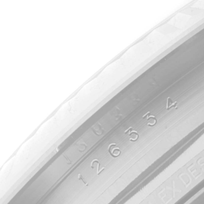 This image shows a close-up of the inner bezel and engraved serial number of a Rolex Datejust 41 126334 Men
s Stainless Steel Grey Dial 126334 Men
s Stainless Steel Grey Dial model.
