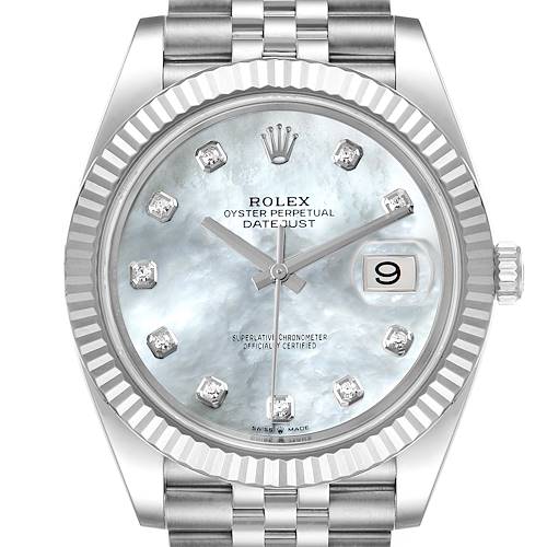 Photo of Rolex Datejust 41 Steel White Gold MOP Diamond Mens Watch 126334 Box Card