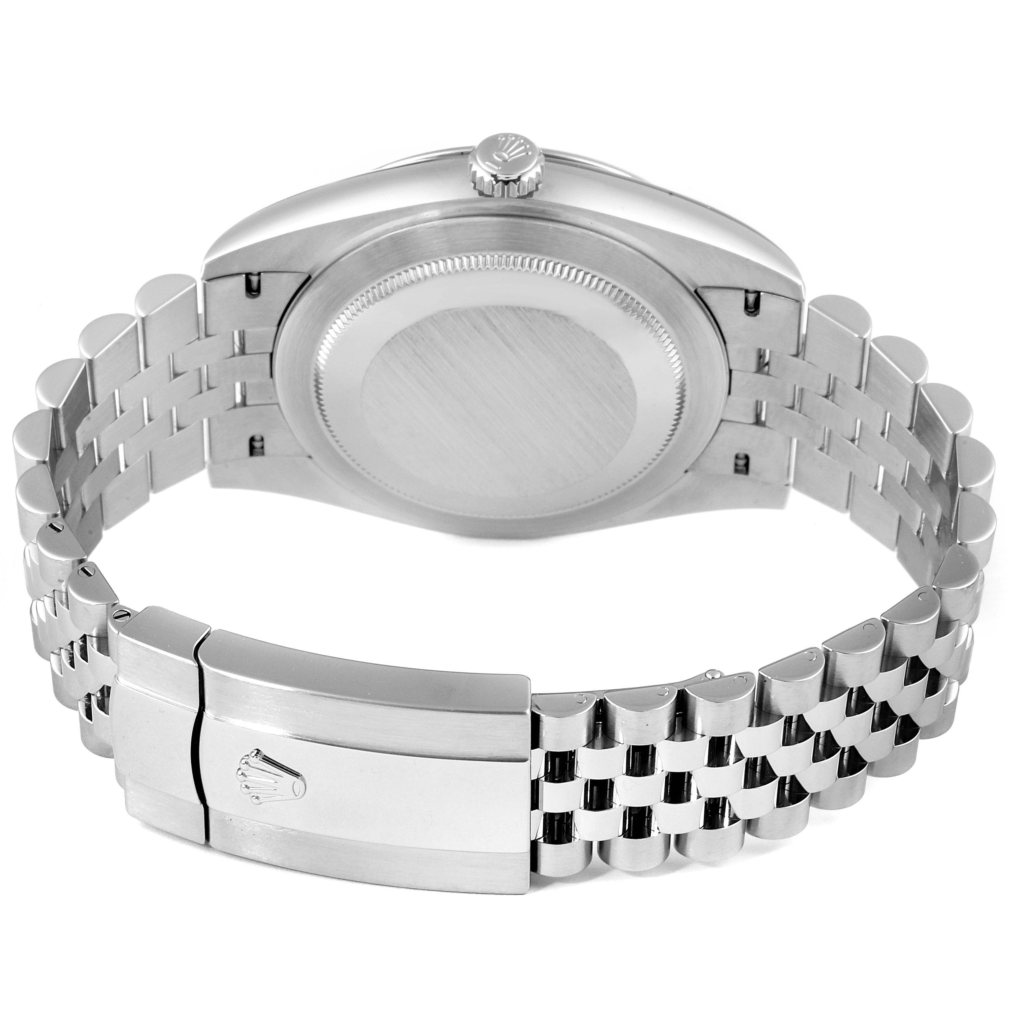 The image shows the back case, crown, and clasp of the Rolex Datejust 41 126334 Men's Stainless Steel Mother of Pearl Dial 126334 Men's Stainless Steel Mother of Pearl Dial's metal bracelet from the reverse angle.